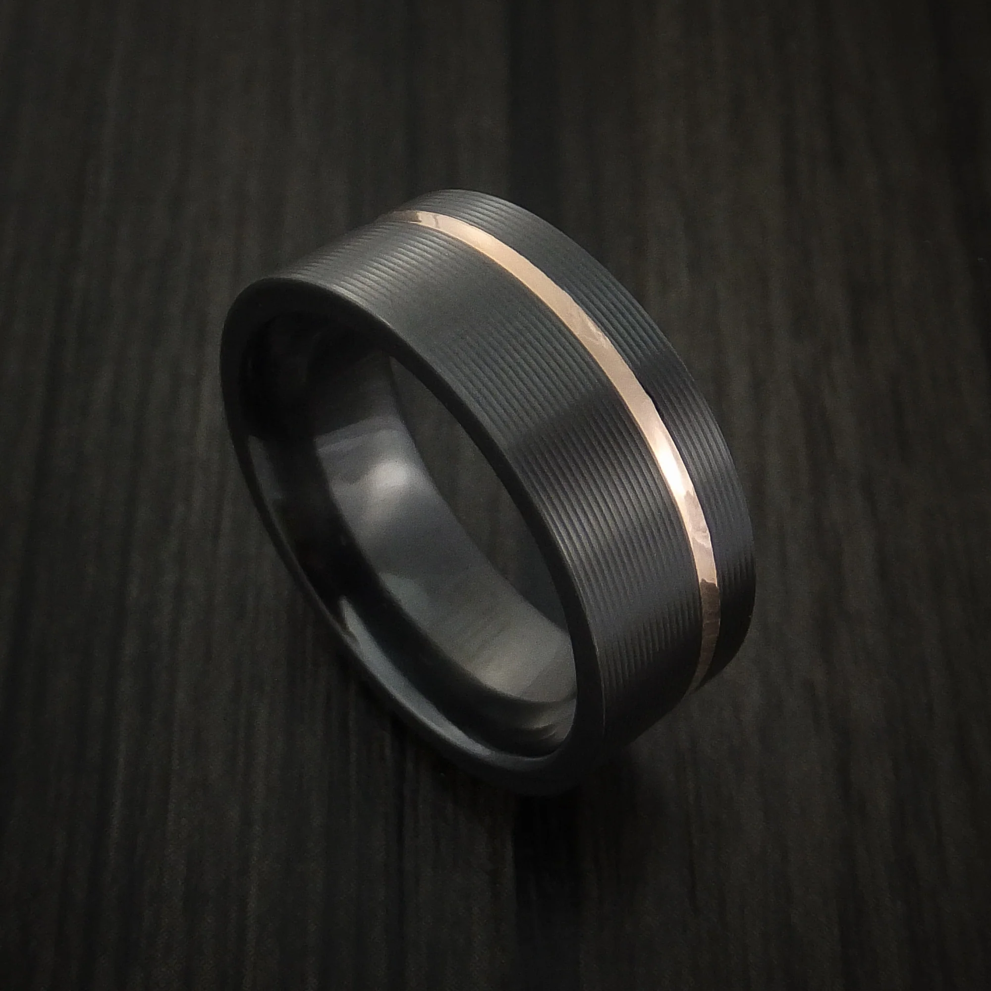 Black Zirconium Men's Ring Textured Pattern Band with Gold Inlay
