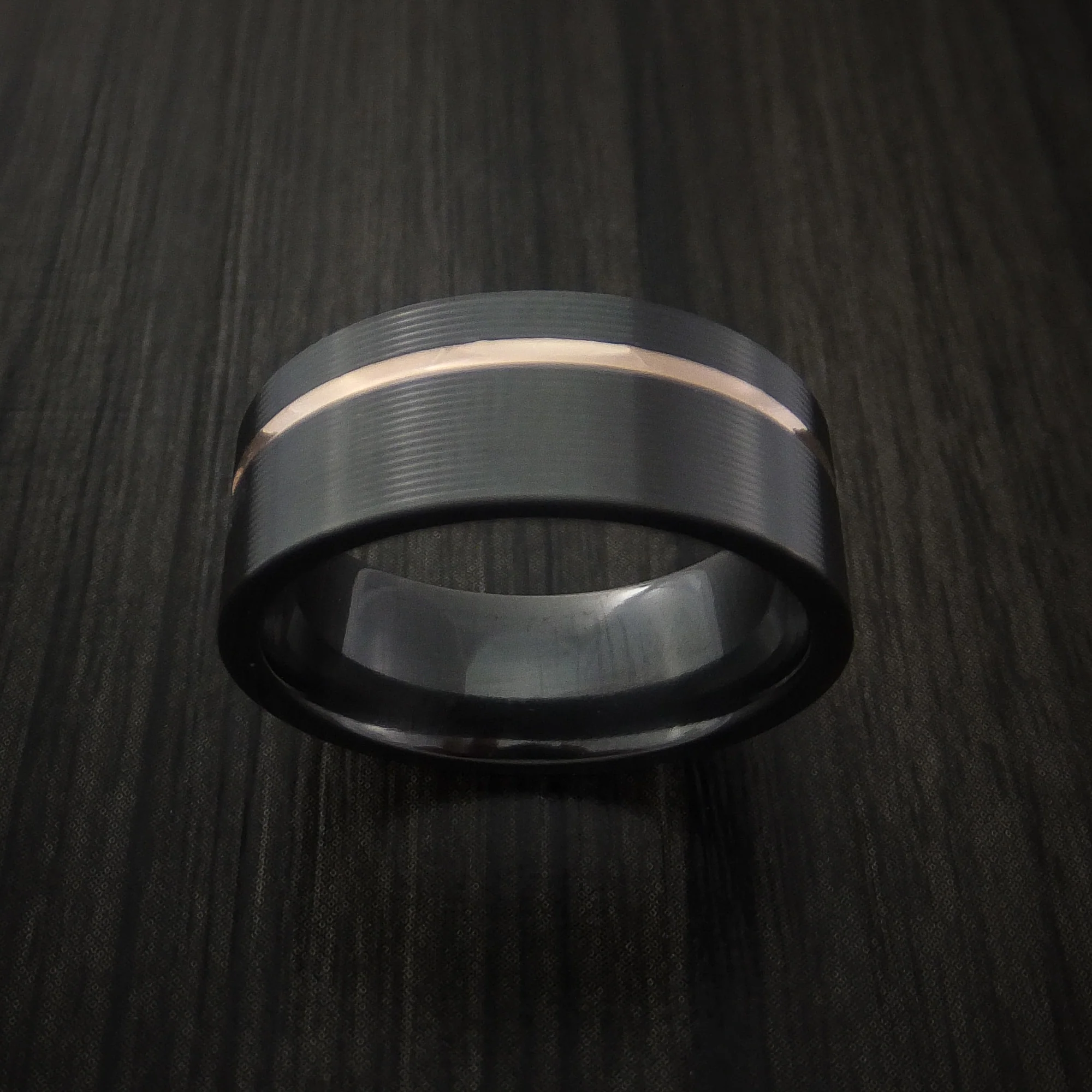 Black Zirconium Men's Ring Textured Pattern Band with Gold Inlay - Image 2