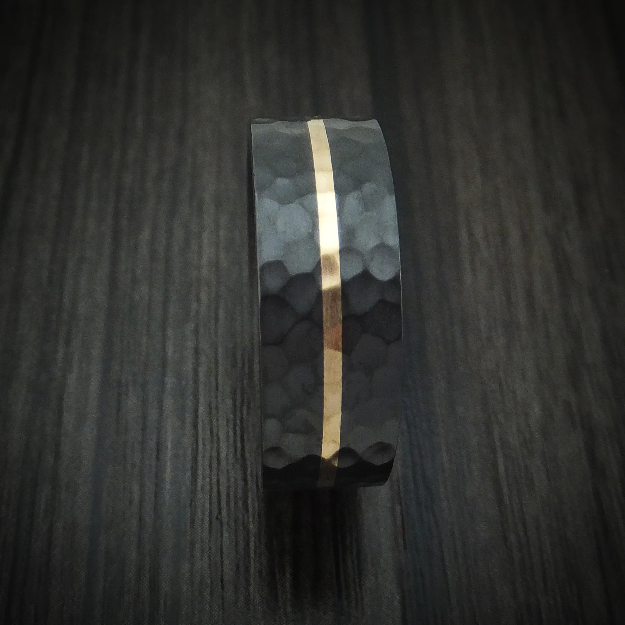 Black Zirconium Men's Ring with 14K Gold and Wood Sleeve Custom Made Band - Image 3