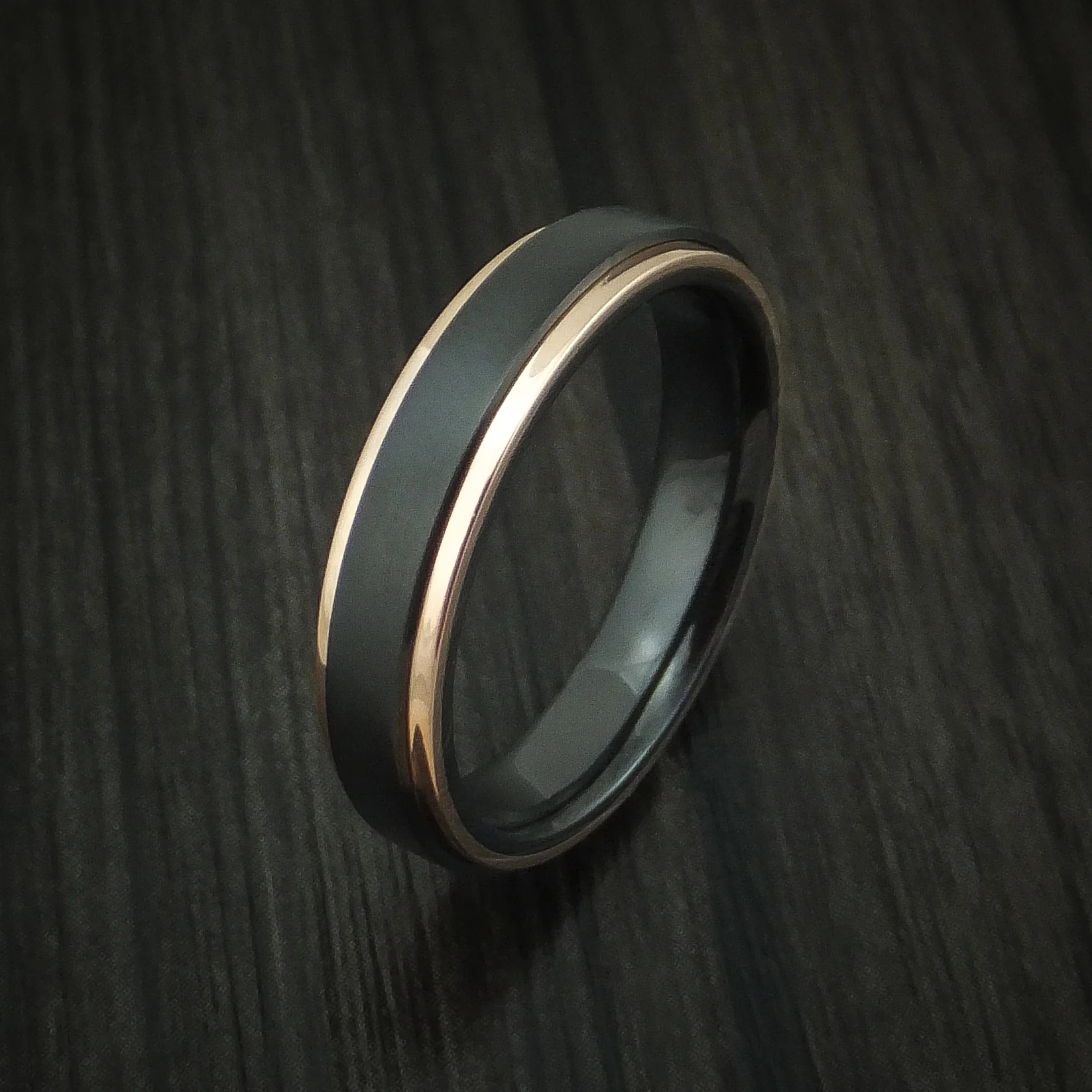 Black Zirconium Men's Ring with 14K Rose Gold Edges Custom Made Band - Image 4