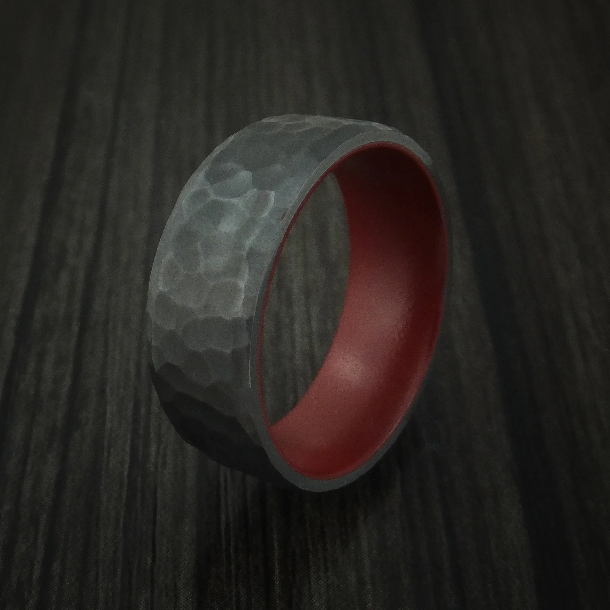 Black Zirconium Men's Ring with Crimson Red Cerakote Sleeve Custom Made Band - Image 4