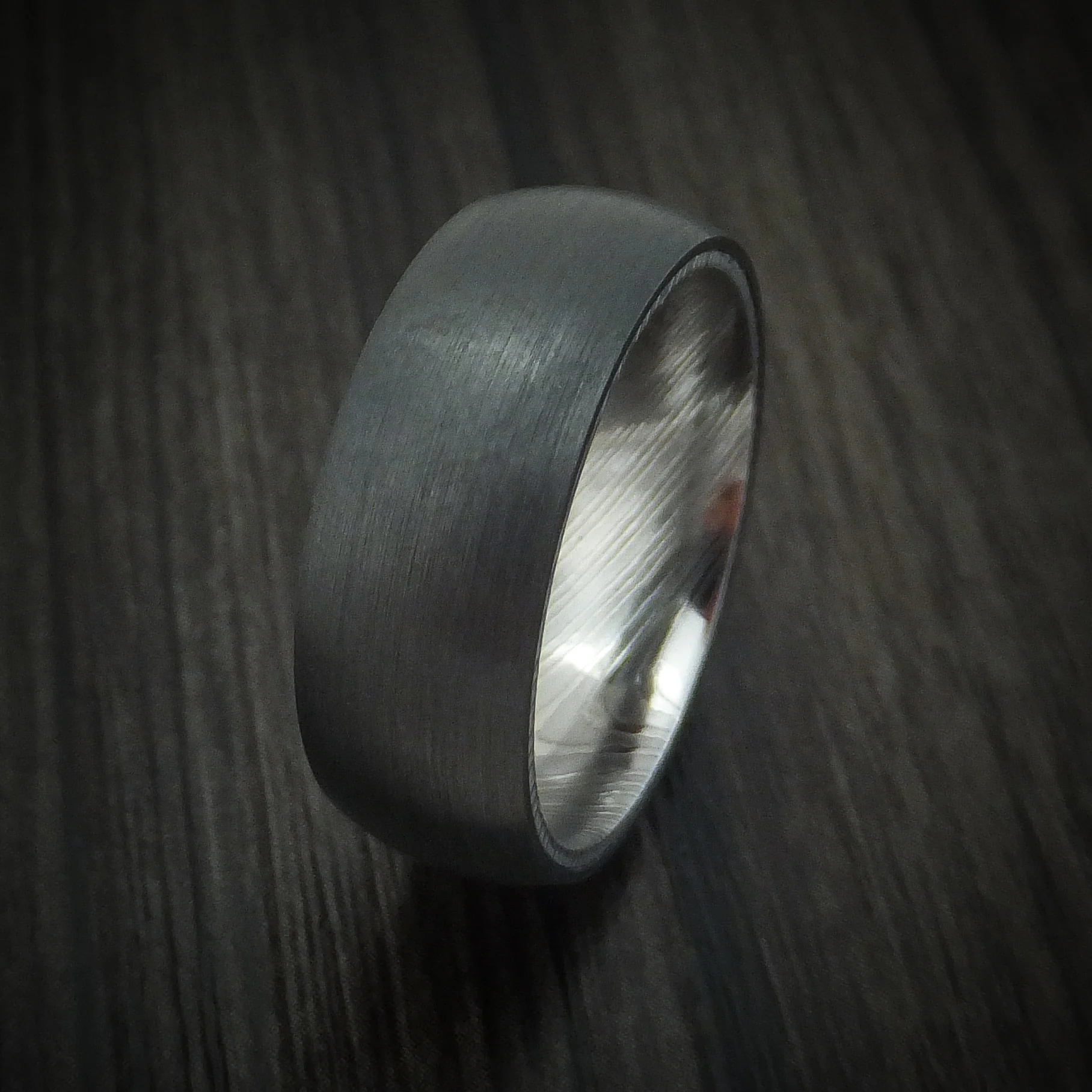 Black Zirconium Men's Ring with Damascus Steel Sleeve - Image 4