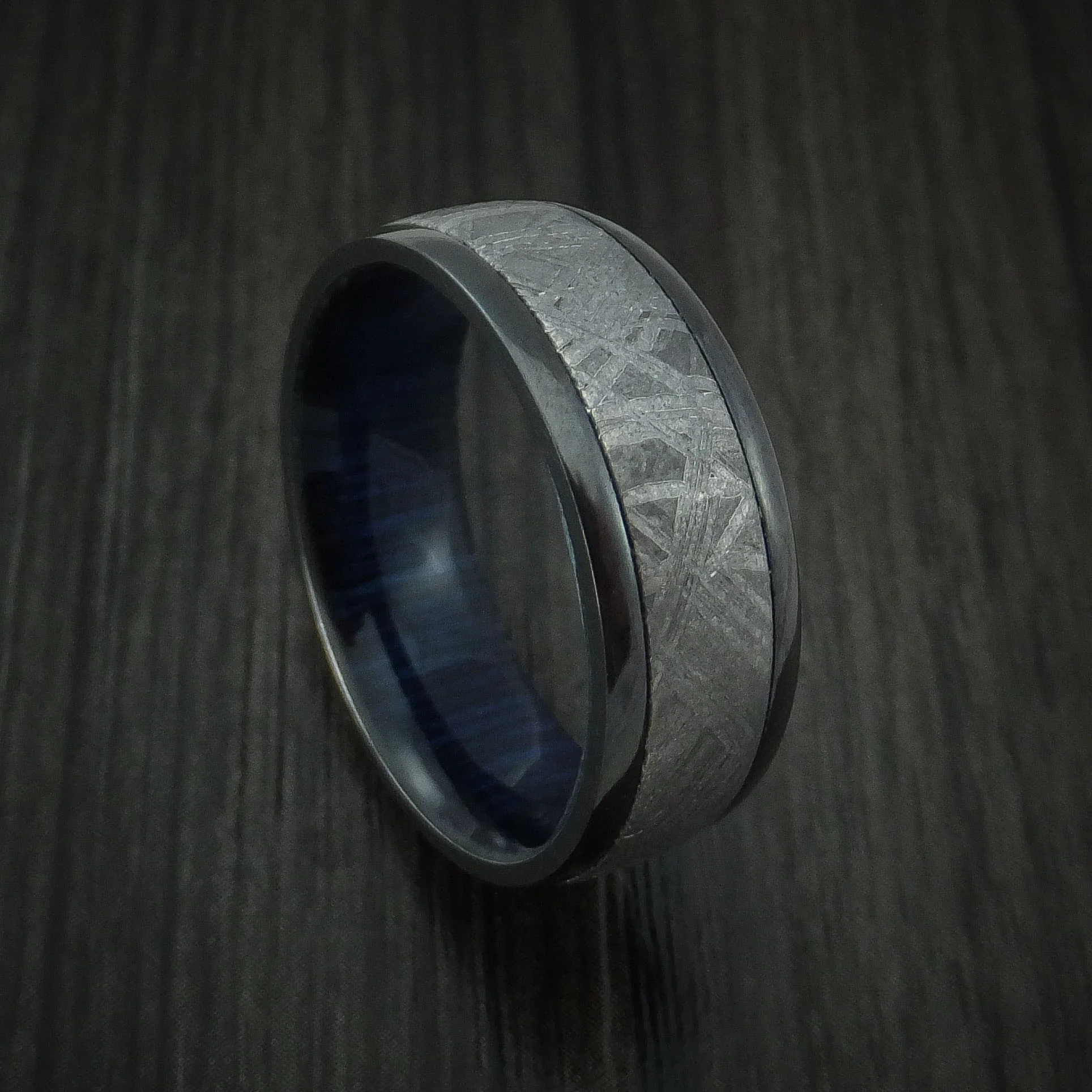 Black Zirconium Men's Ring with Gibeon Meteorite and Hardwood Sleeve Custom Made Band