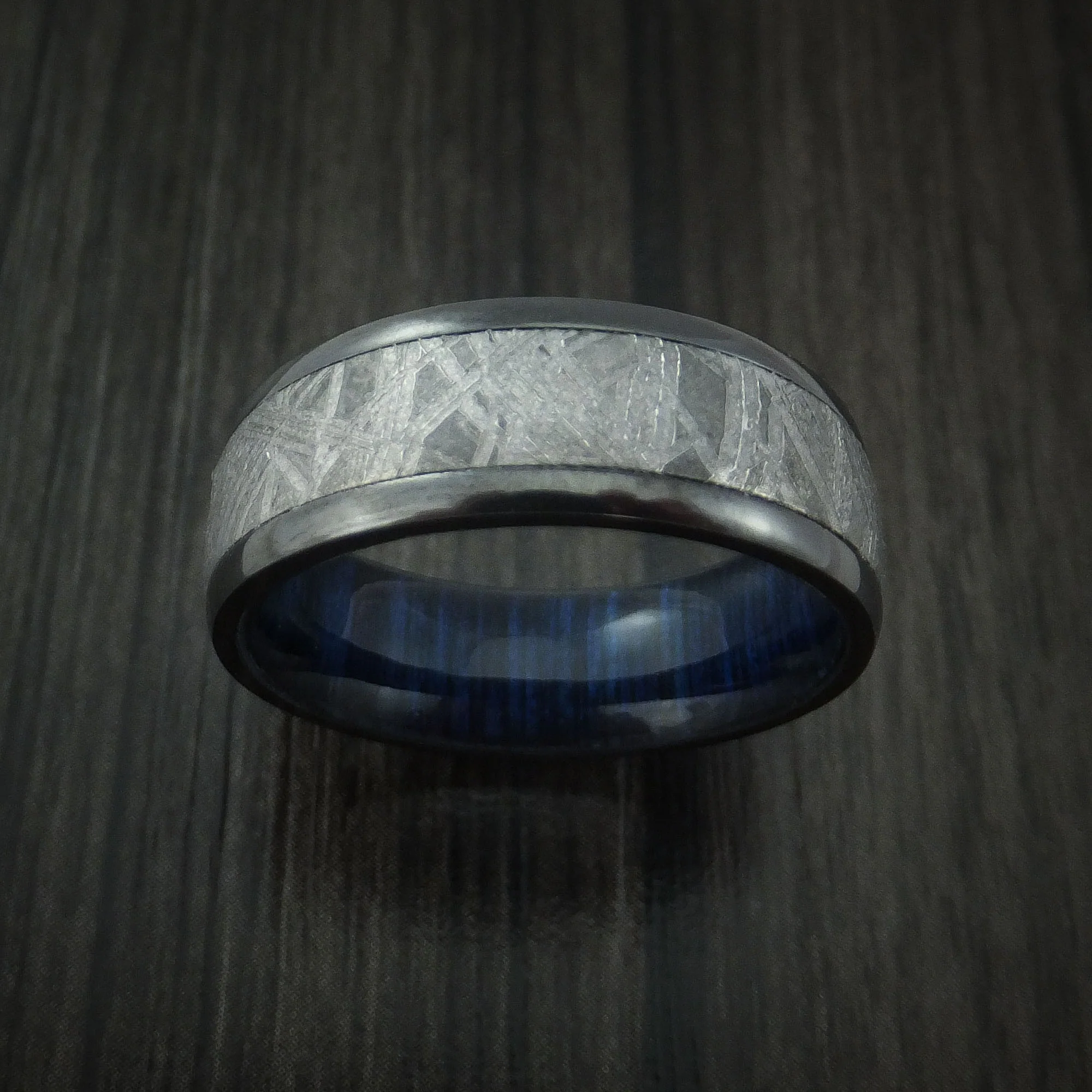 Black Zirconium Men's Ring with Gibeon Meteorite and Hardwood Sleeve Custom Made Band - Image 2