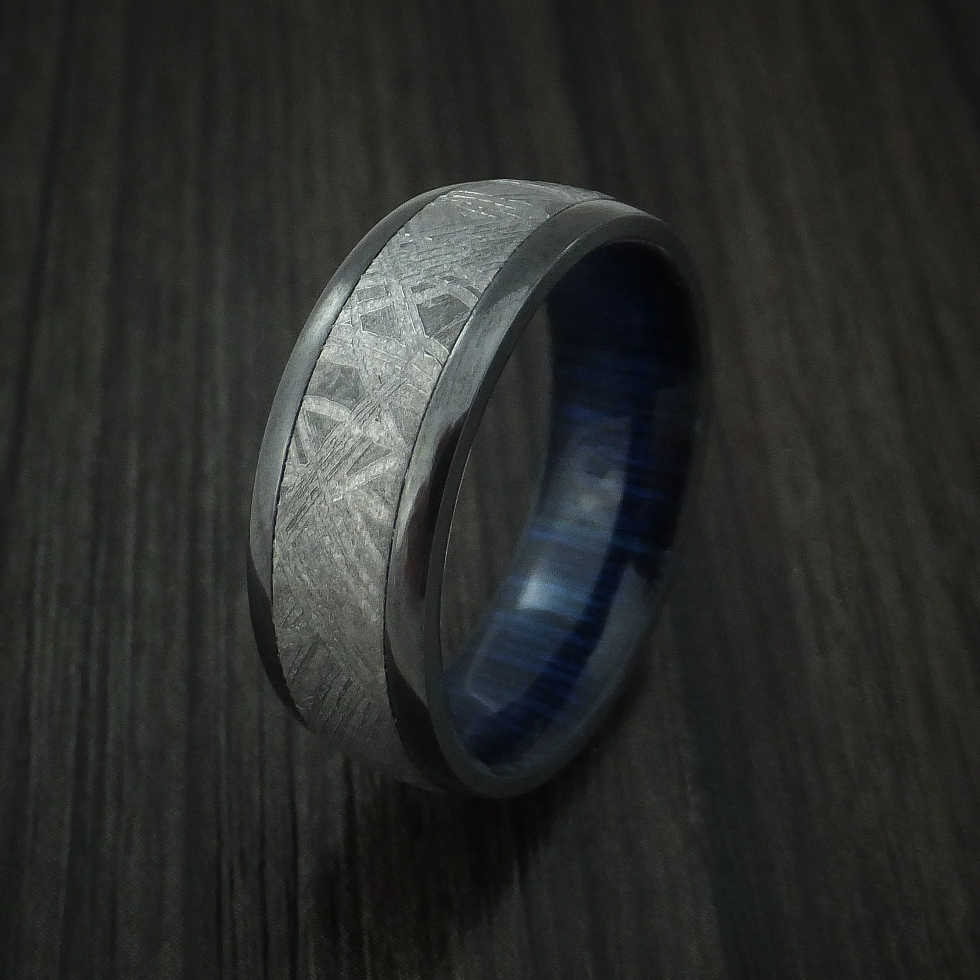 Black Zirconium Men's Ring with Gibeon Meteorite and Hardwood Sleeve Custom Made Band - Image 4