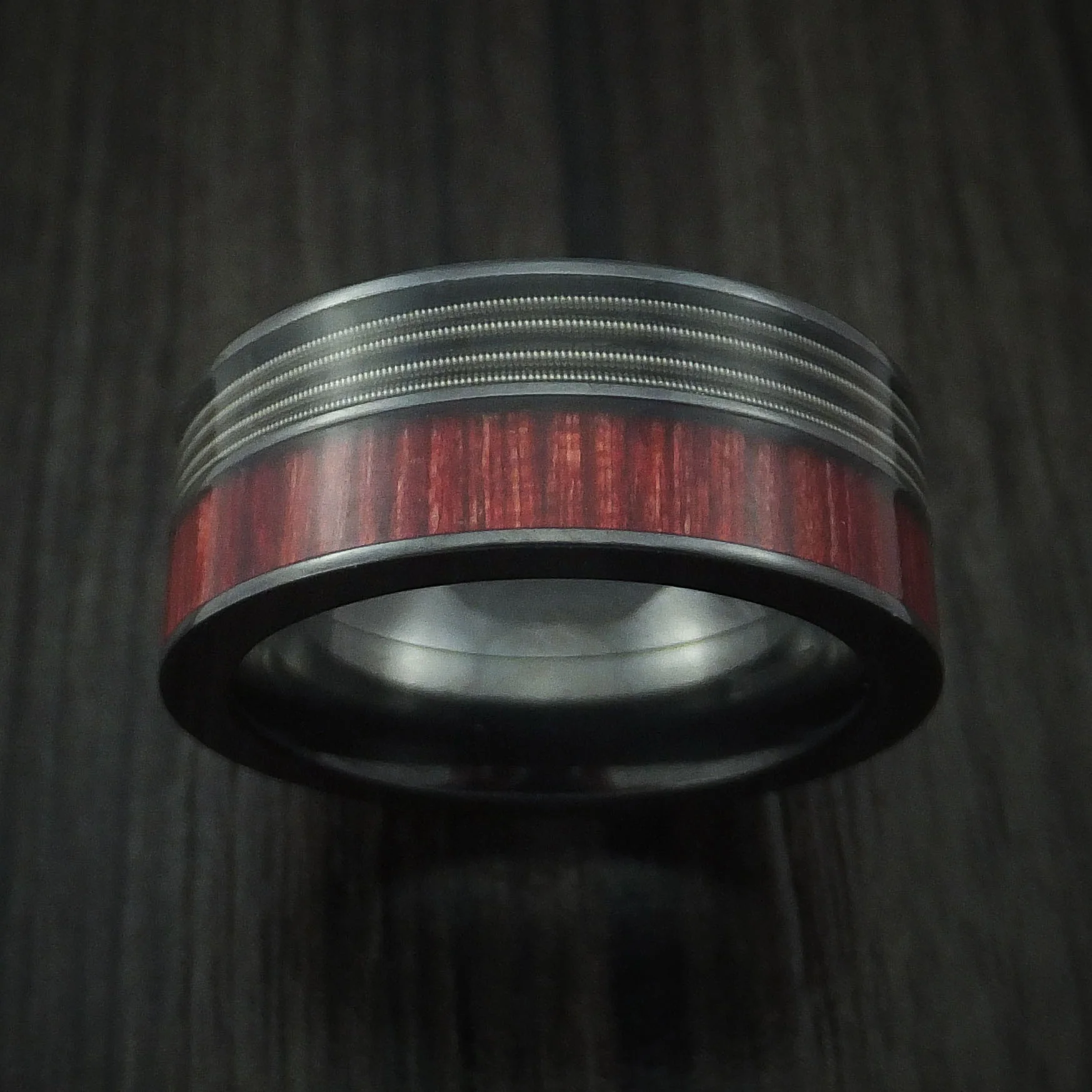 Black Zirconium Men's Ring with Guitar String and Red Heart Wood Inlays Custom Made Band - Image 2