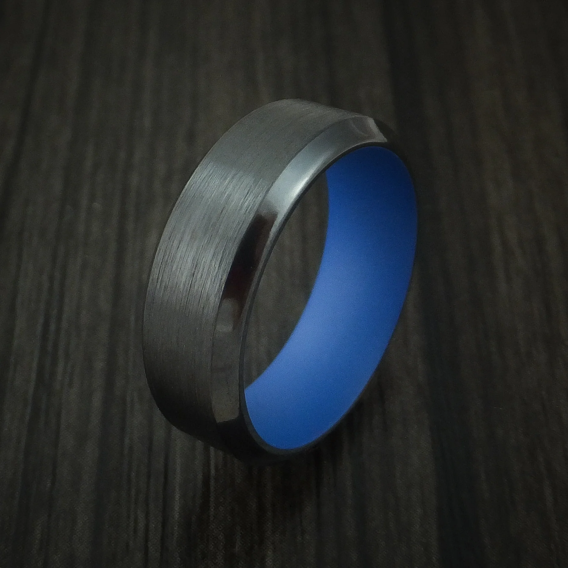 Black Zirconium Men's Ring with Ridgeway Blue Cerakote Sleeve Custom Made Band - Image 4