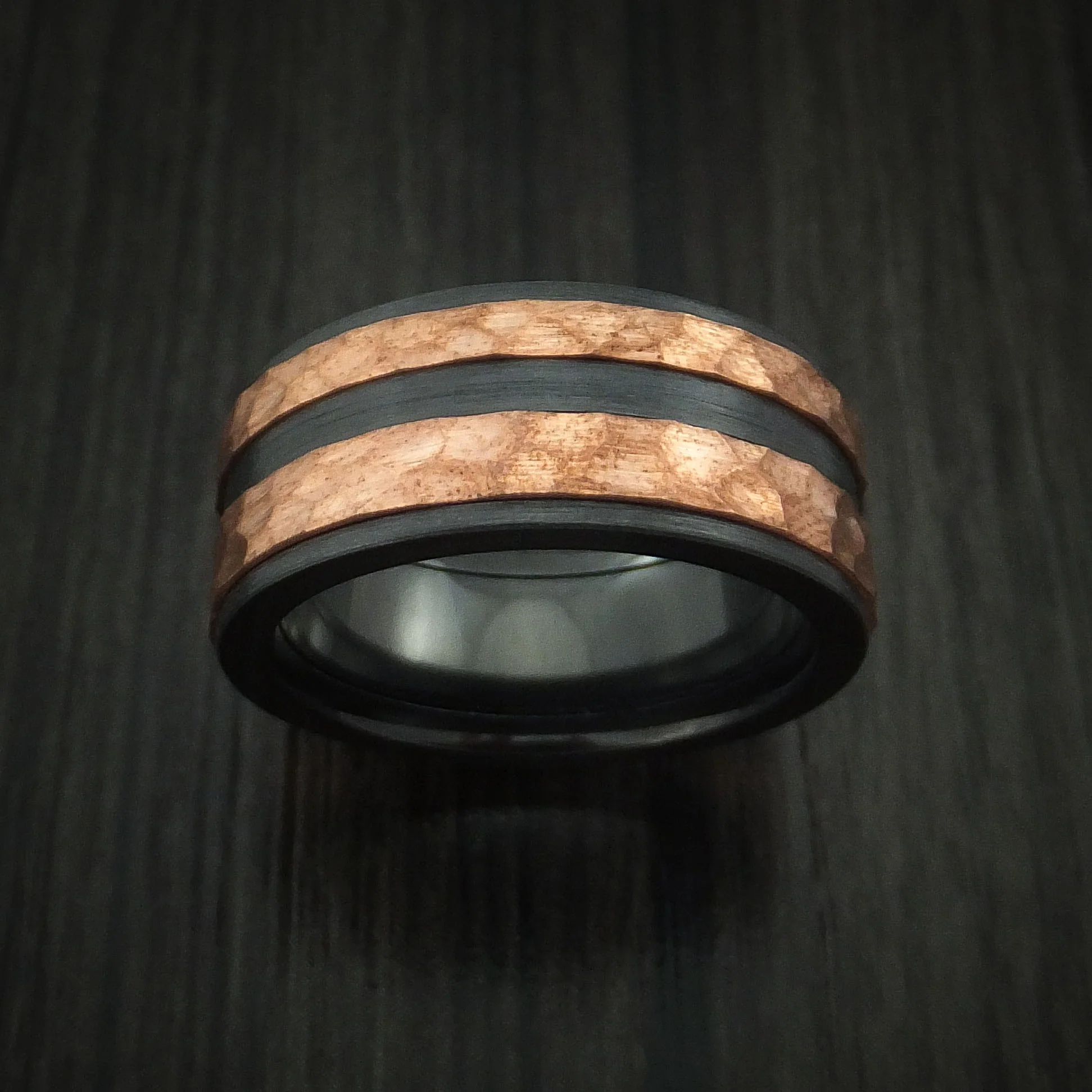 Black Zirconium Men's Ring with Raised Hammered Copper Inlays Custom Made Band - Image 2