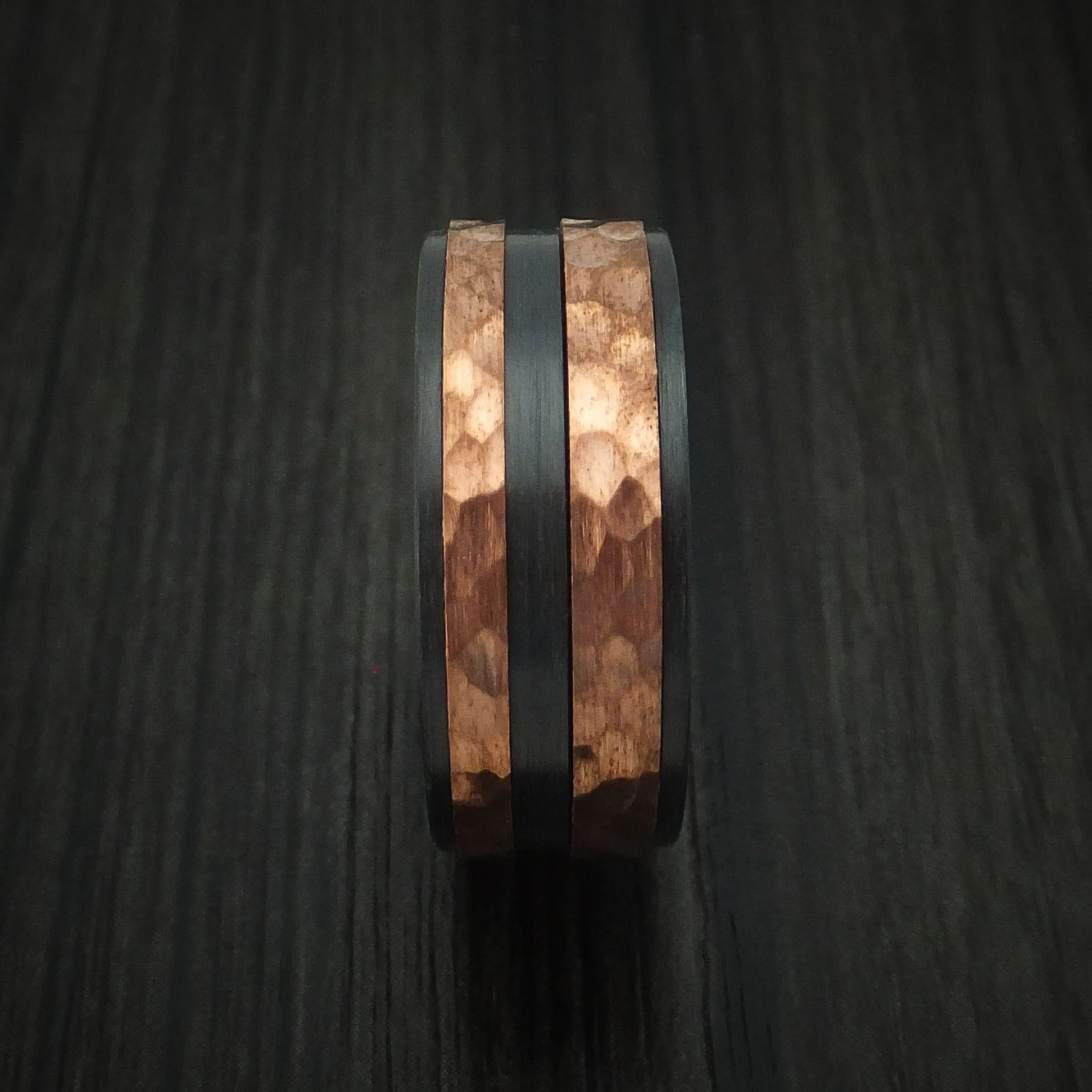 Black Zirconium Men's Ring with Raised Hammered Copper Inlays Custom Made Band - Image 3