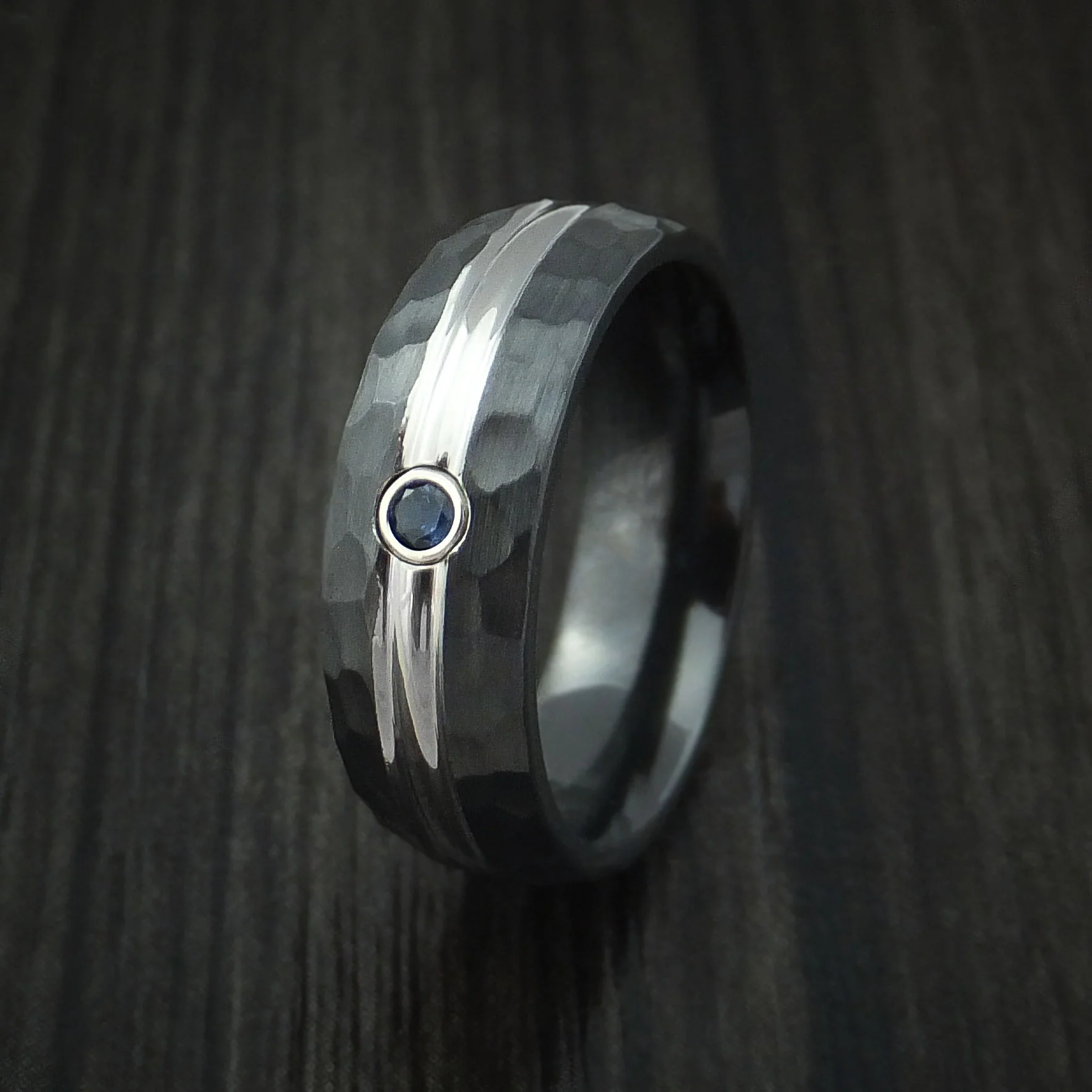 Black Zirconium Men's Ring with Sapphire and Hammer Finish Custom Made Band - Image 4
