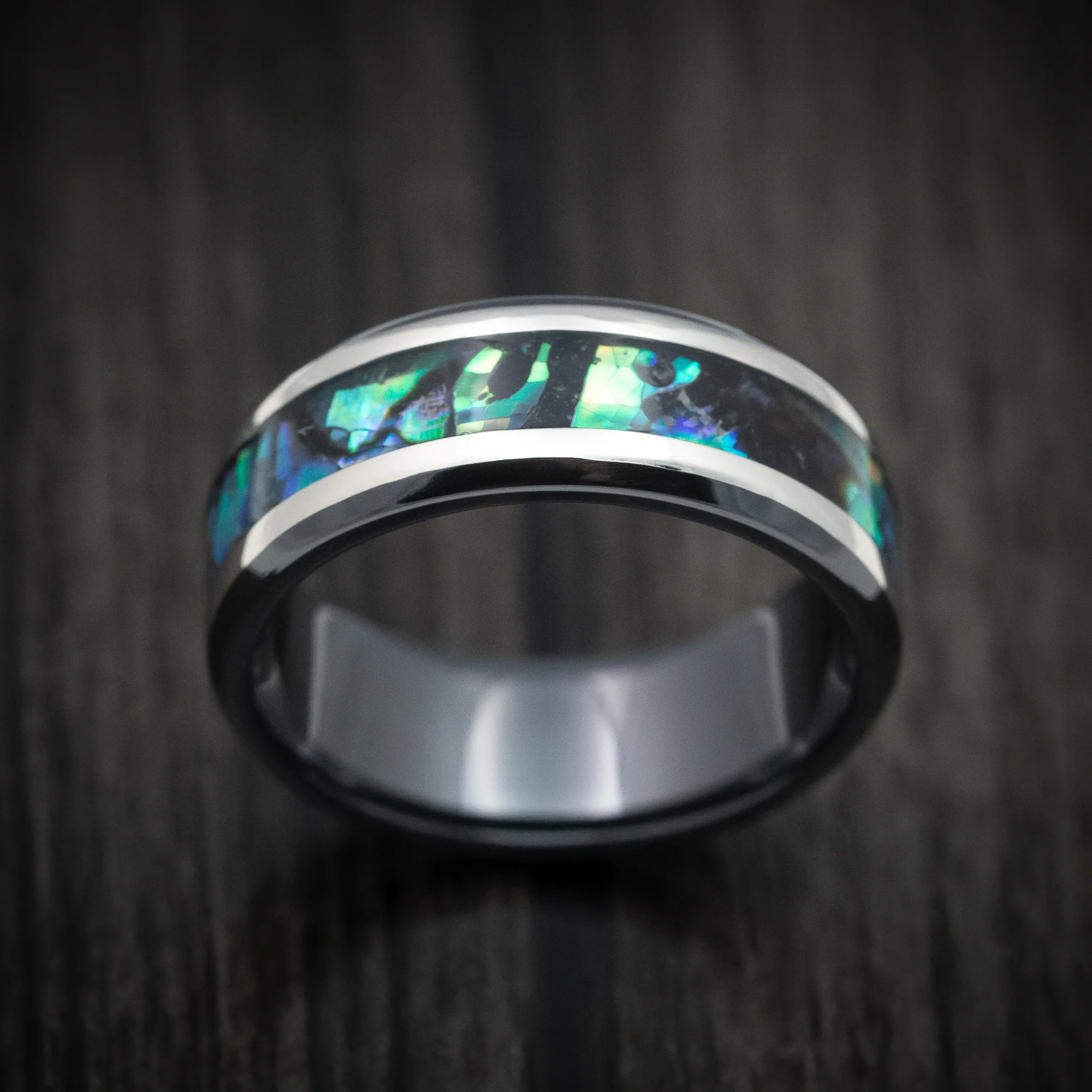 Black Zirconium Men's Ring with Silver and Abalone Inlays Custom Made Band - Image 2