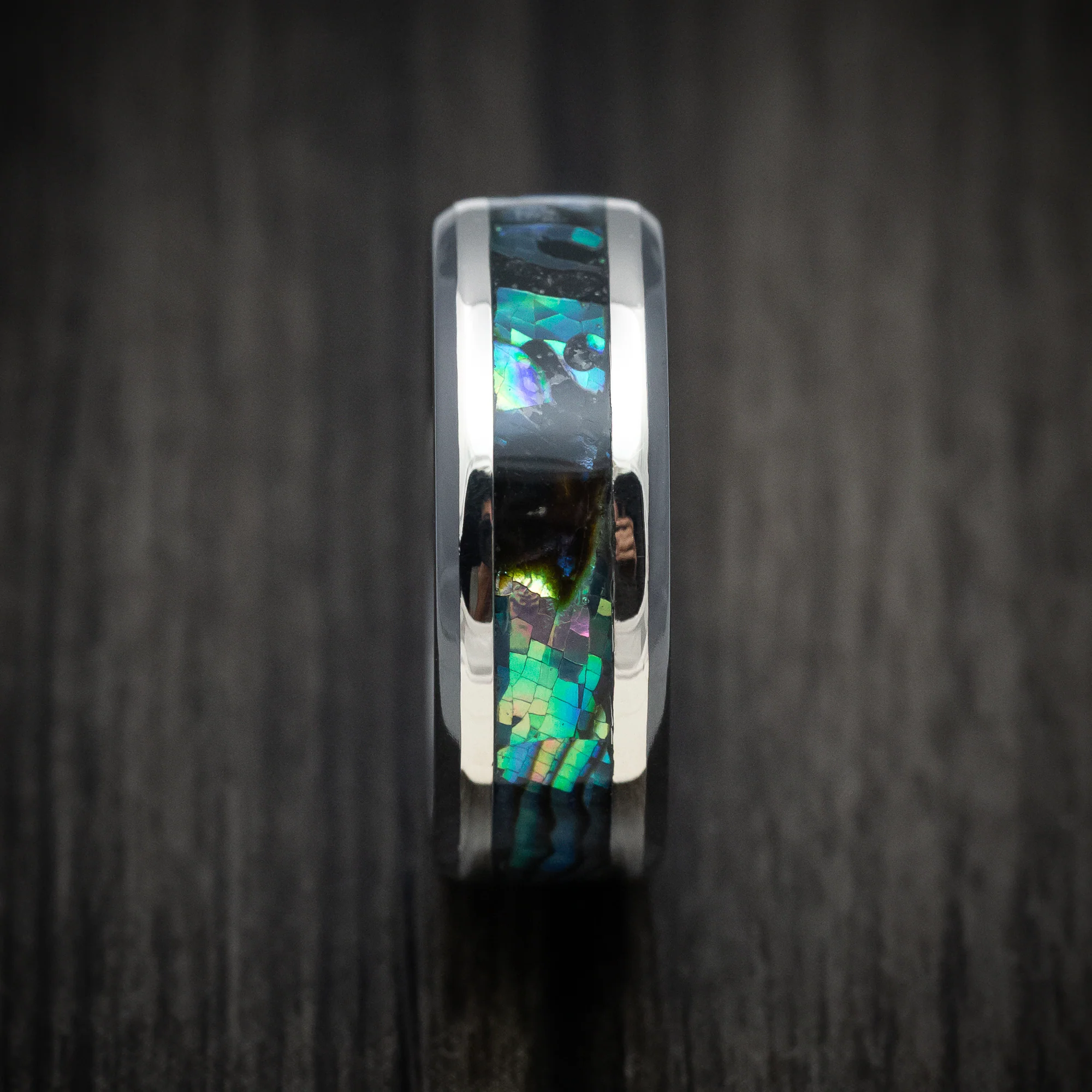 Black Zirconium Men's Ring with Silver and Abalone Inlays Custom Made Band - Image 3