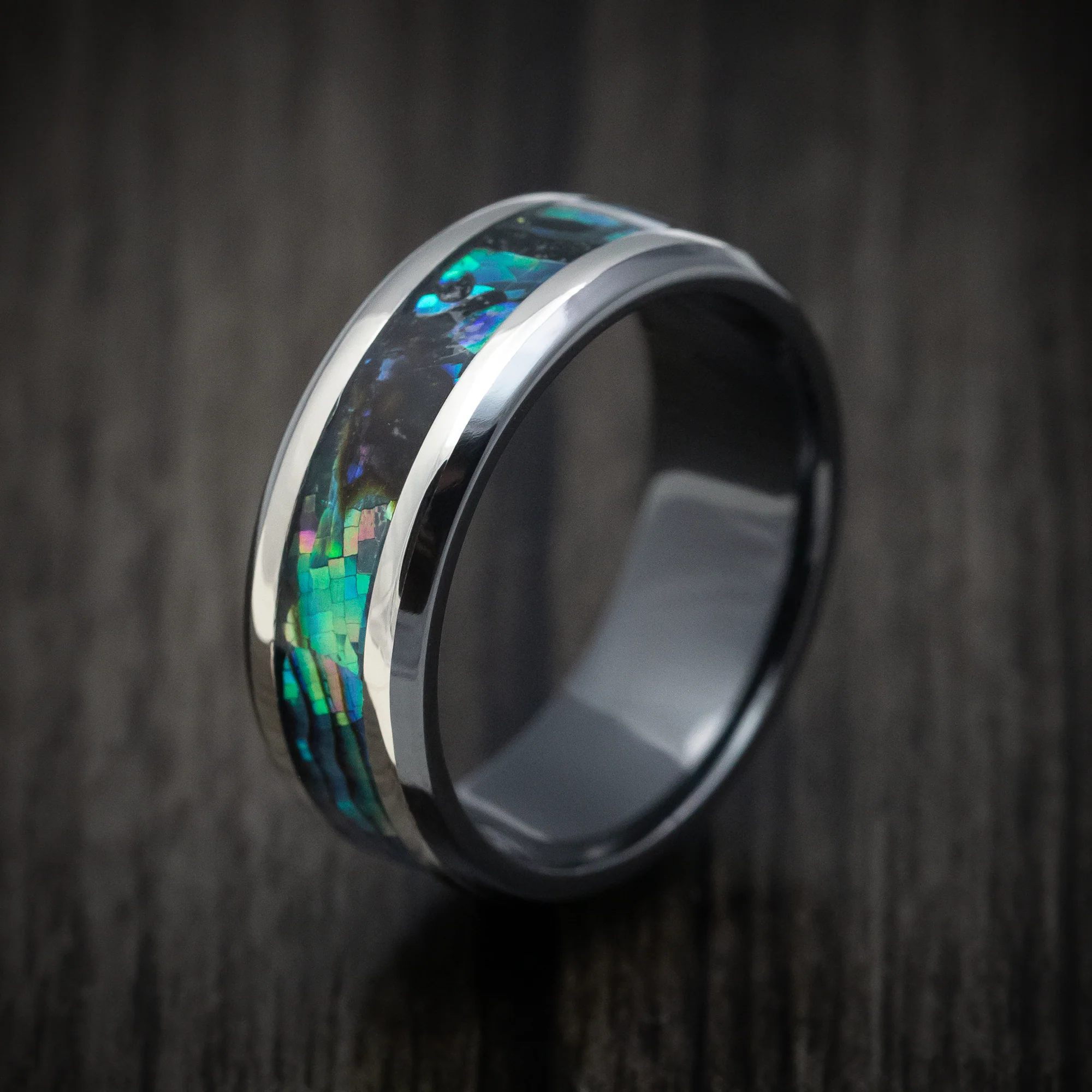 Black Zirconium Men's Ring with Silver and Abalone Inlays Custom Made Band - Image 4
