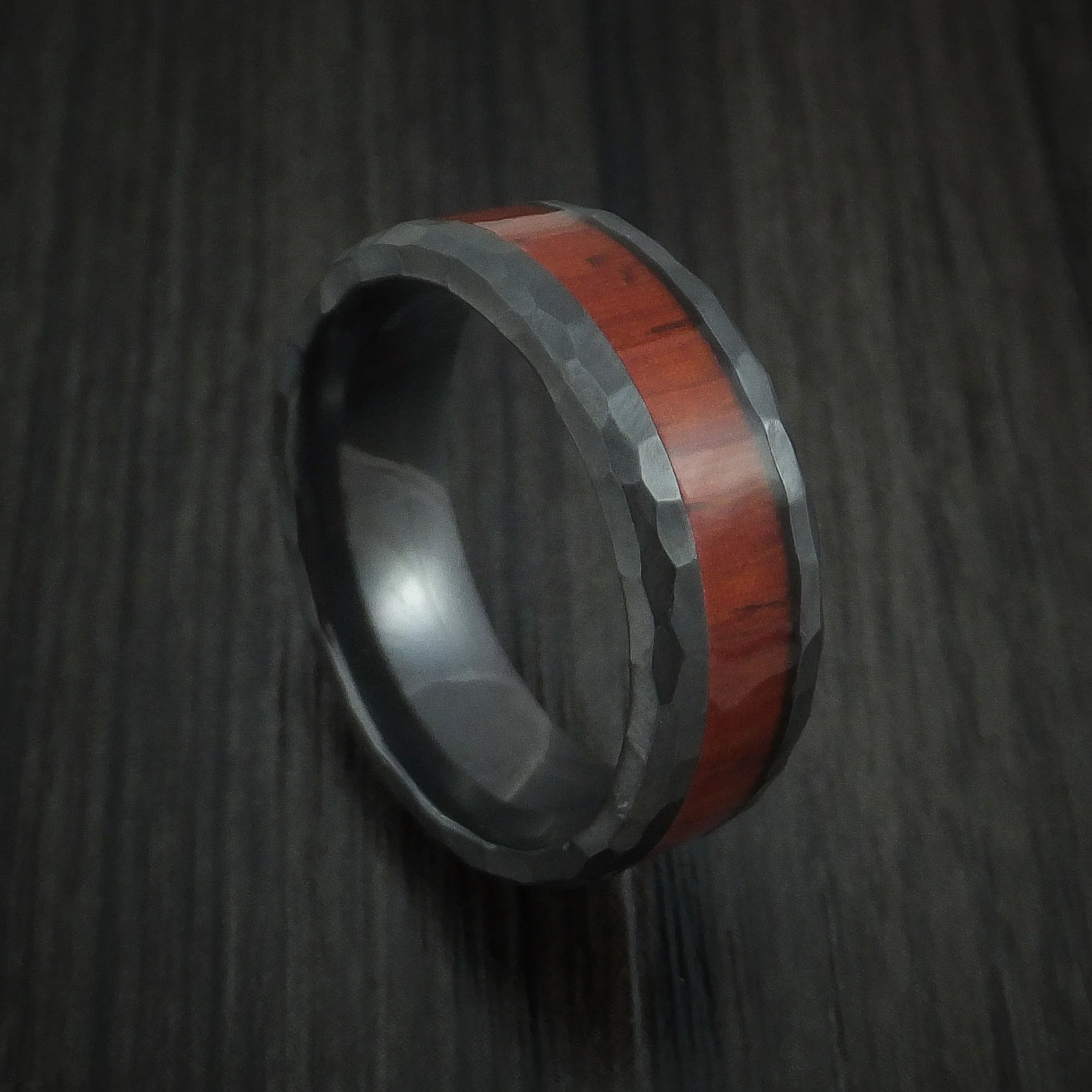 Black Zirconium Rock Hammered Padauk Hard Wood Men's Ring Custom Made Band