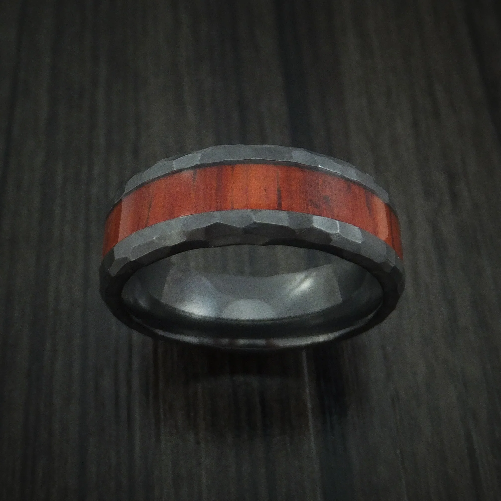 Black Zirconium Rock Hammered Padauk Hard Wood Men's Ring Custom Made Band - Image 2