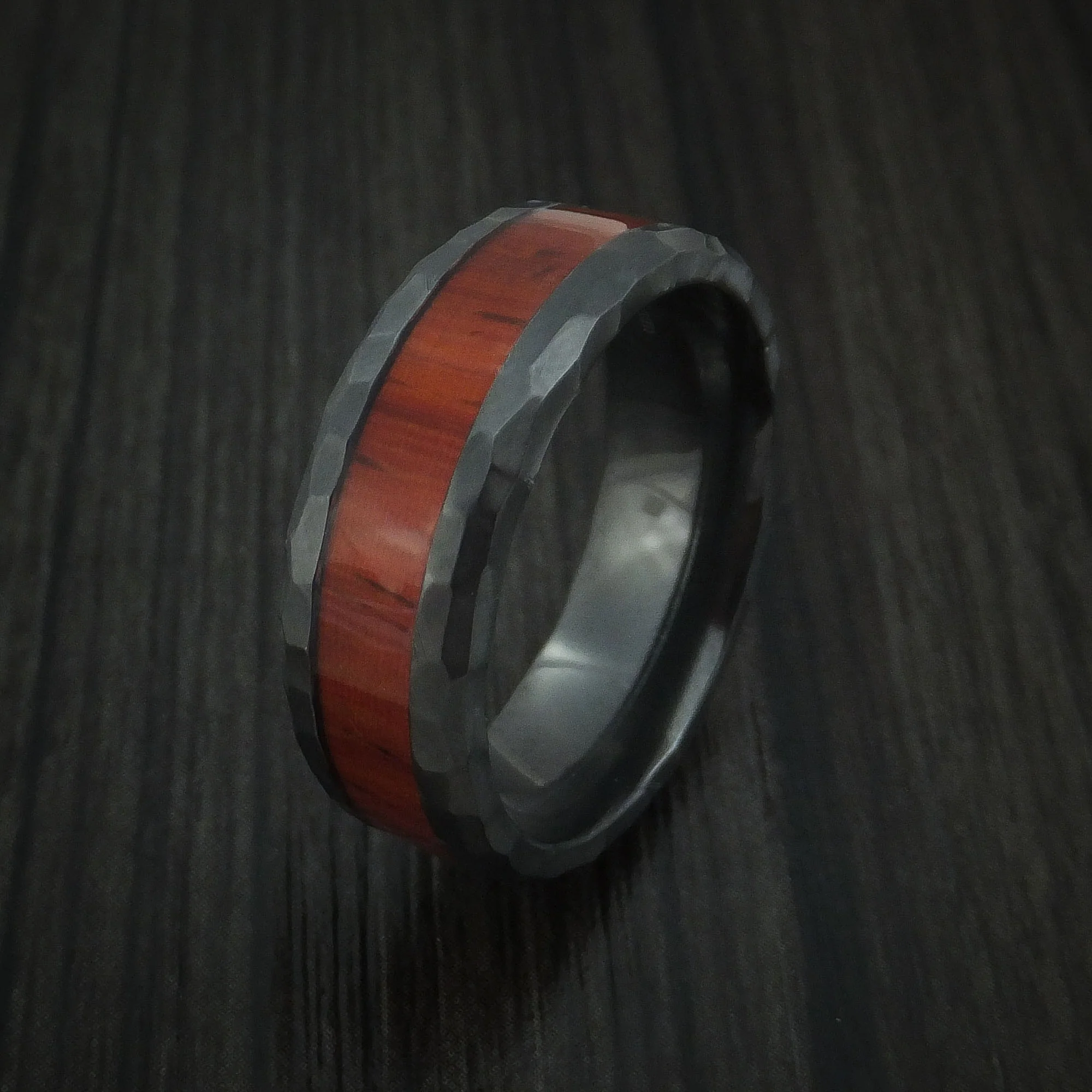 Black Zirconium Rock Hammered Padauk Hard Wood Men's Ring Custom Made Band - Image 4