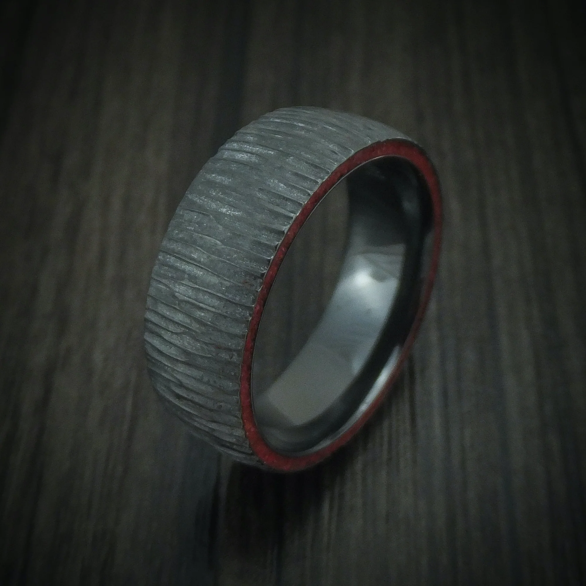 Black Zirconium Tree Bark Finish Men's Ring with Edge Stone Inlays - Image 5