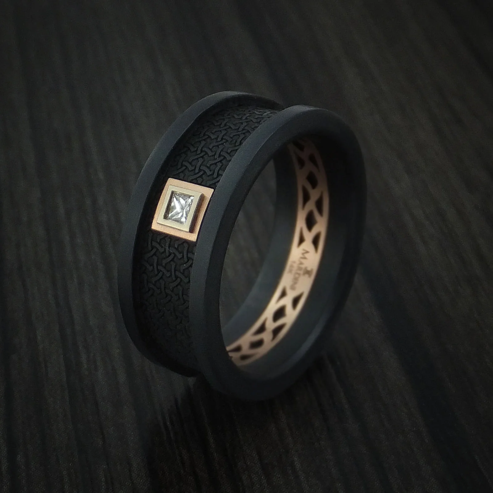 Carbon Fiber and 14K Rose Gold Band with Diamond Custom Made Men's Ring - Image 5