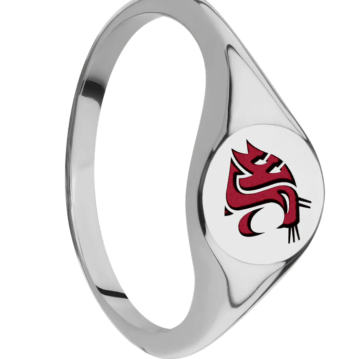Circle Titanium Signet Ring / Polish Ring Finish and Polish Signet Finish / Washington State Cougar Head Design with Crimson Cerakote / Size 8.5 - Image 2