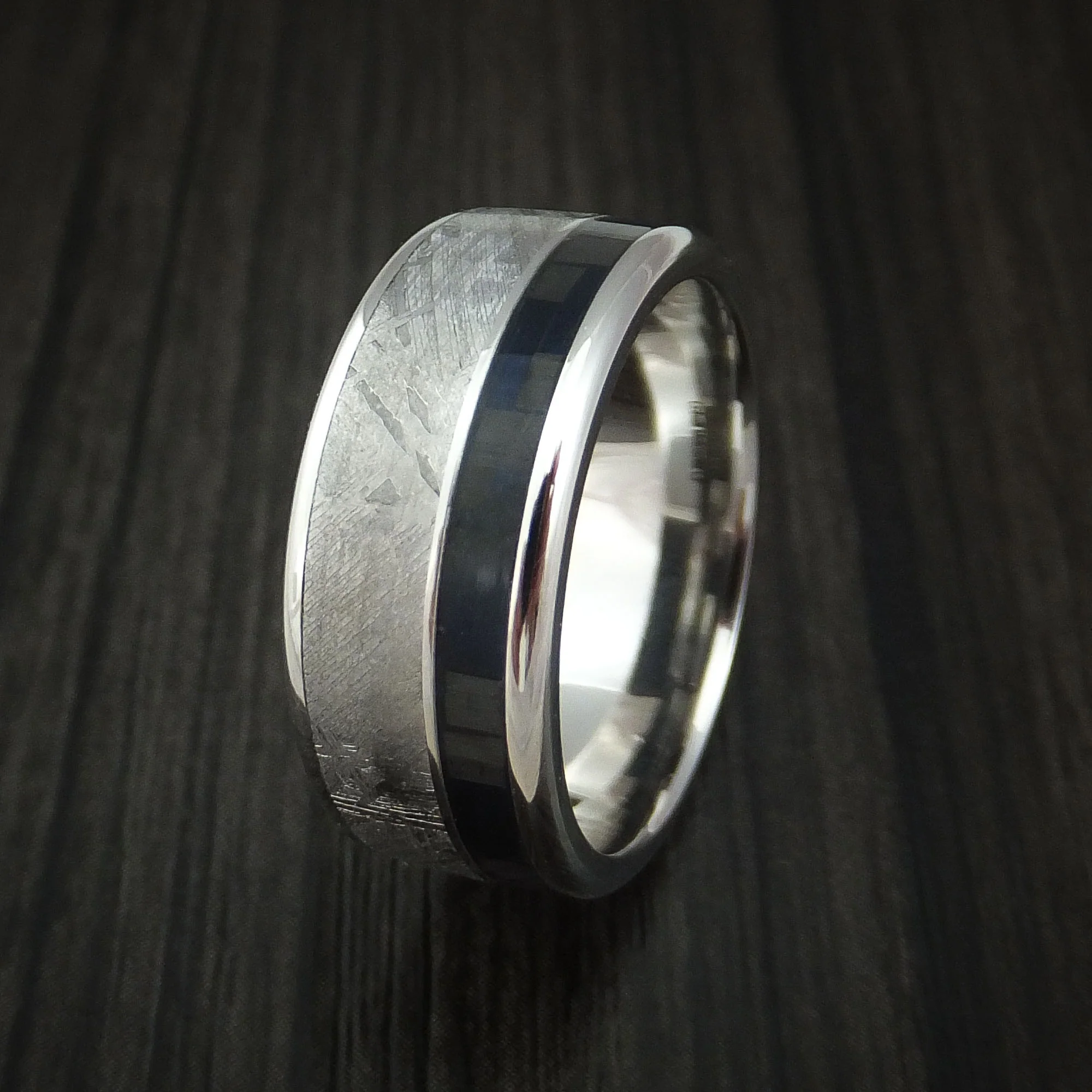 Cobalt Chrome and Gibeon Meteorite Men's Ring with Carbon Fiber Custom Made Band - Image 4