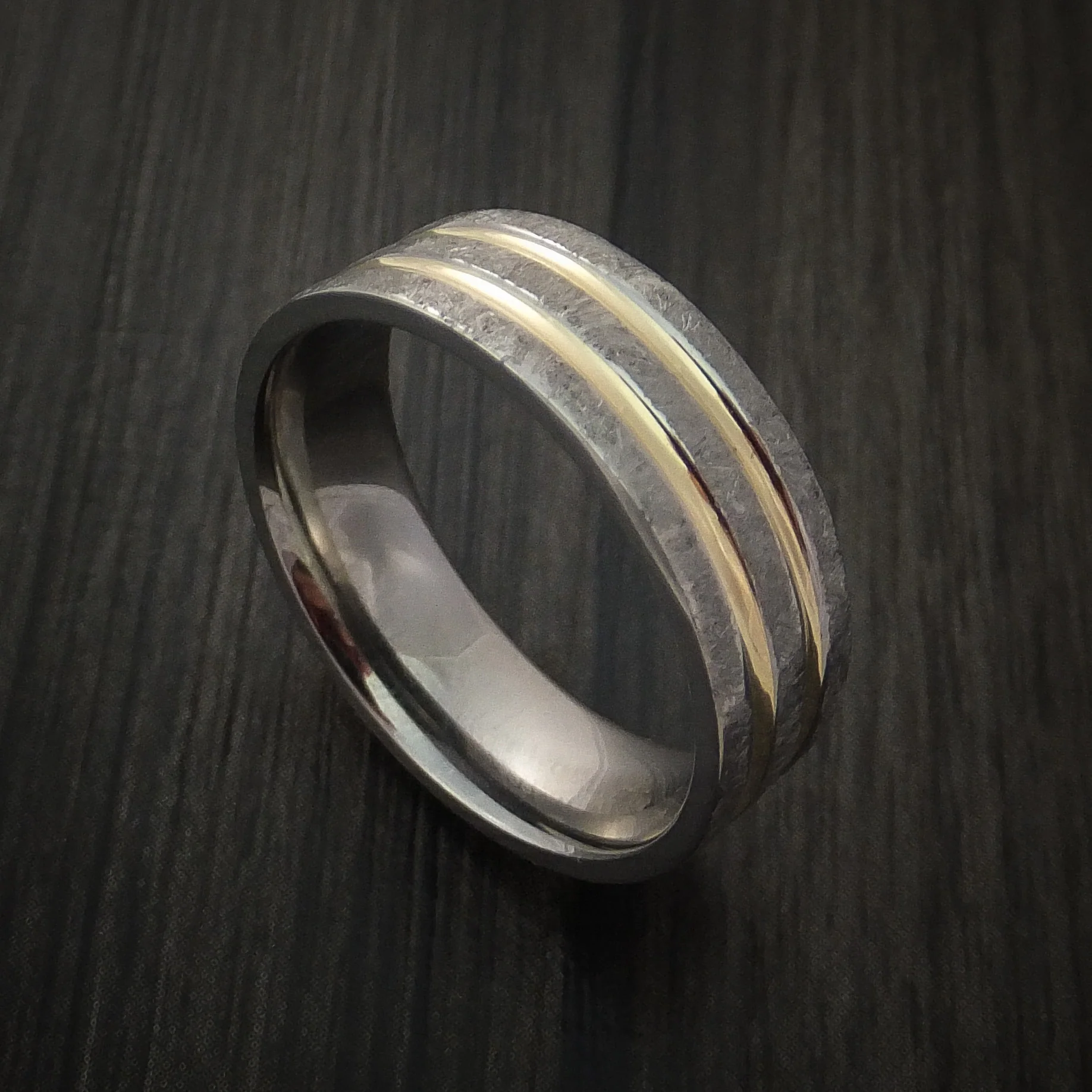 Cobalt Chrome Distressed Finish Men's Band with Dual 14K Yellow Gold Inlays