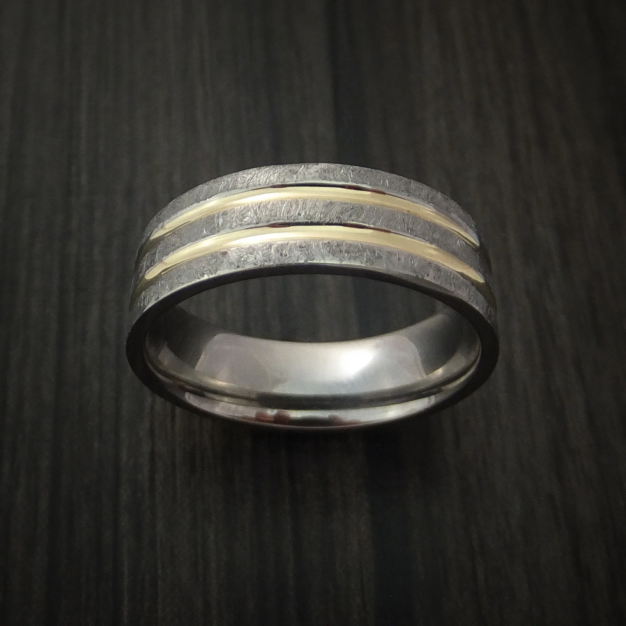 Cobalt Chrome Distressed Finish Men's Band with Dual 14K Yellow Gold Inlays - Image 2