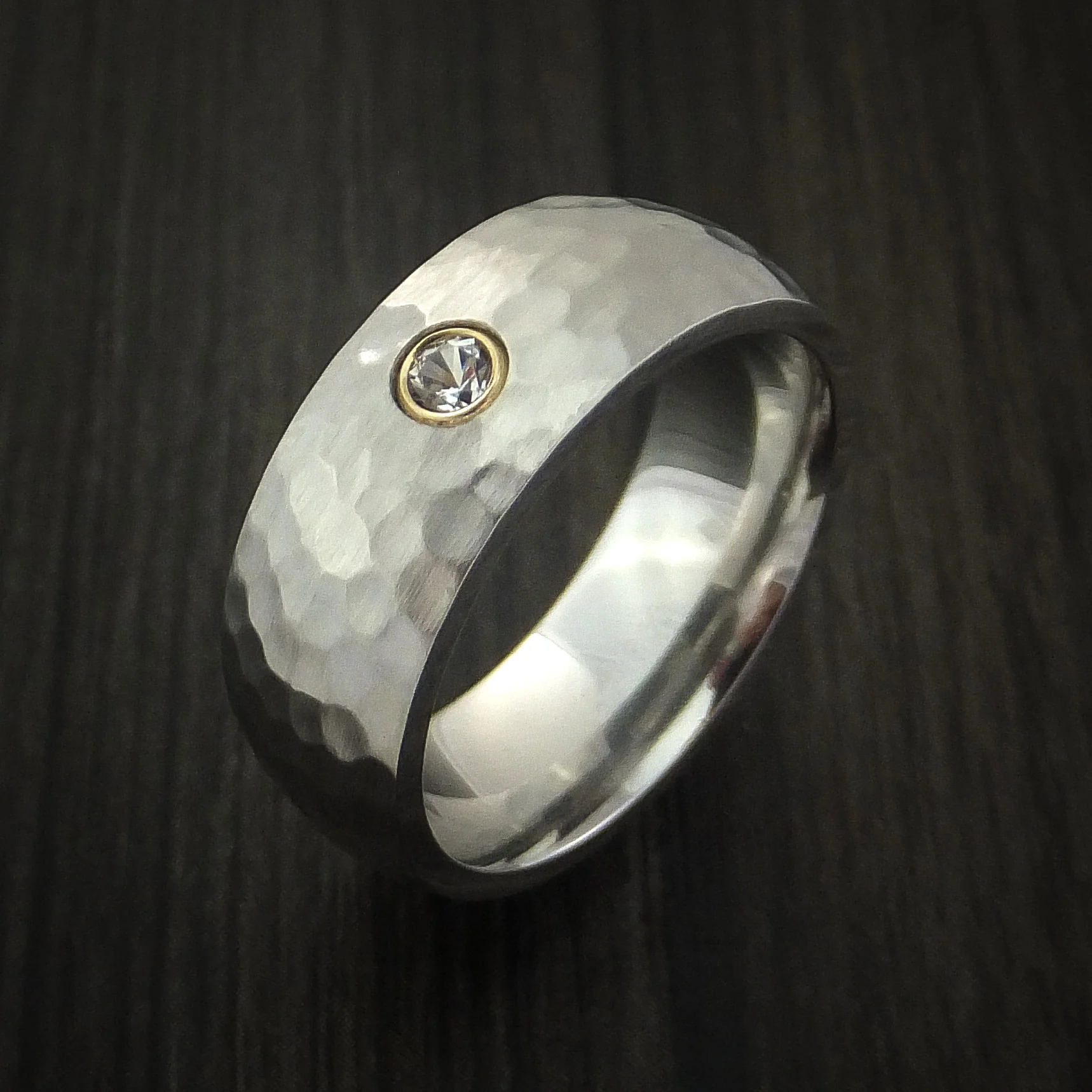 Cobalt Chrome Hammered Band with Beautiful Sapphire Custom Made Men's Ring - Image 3