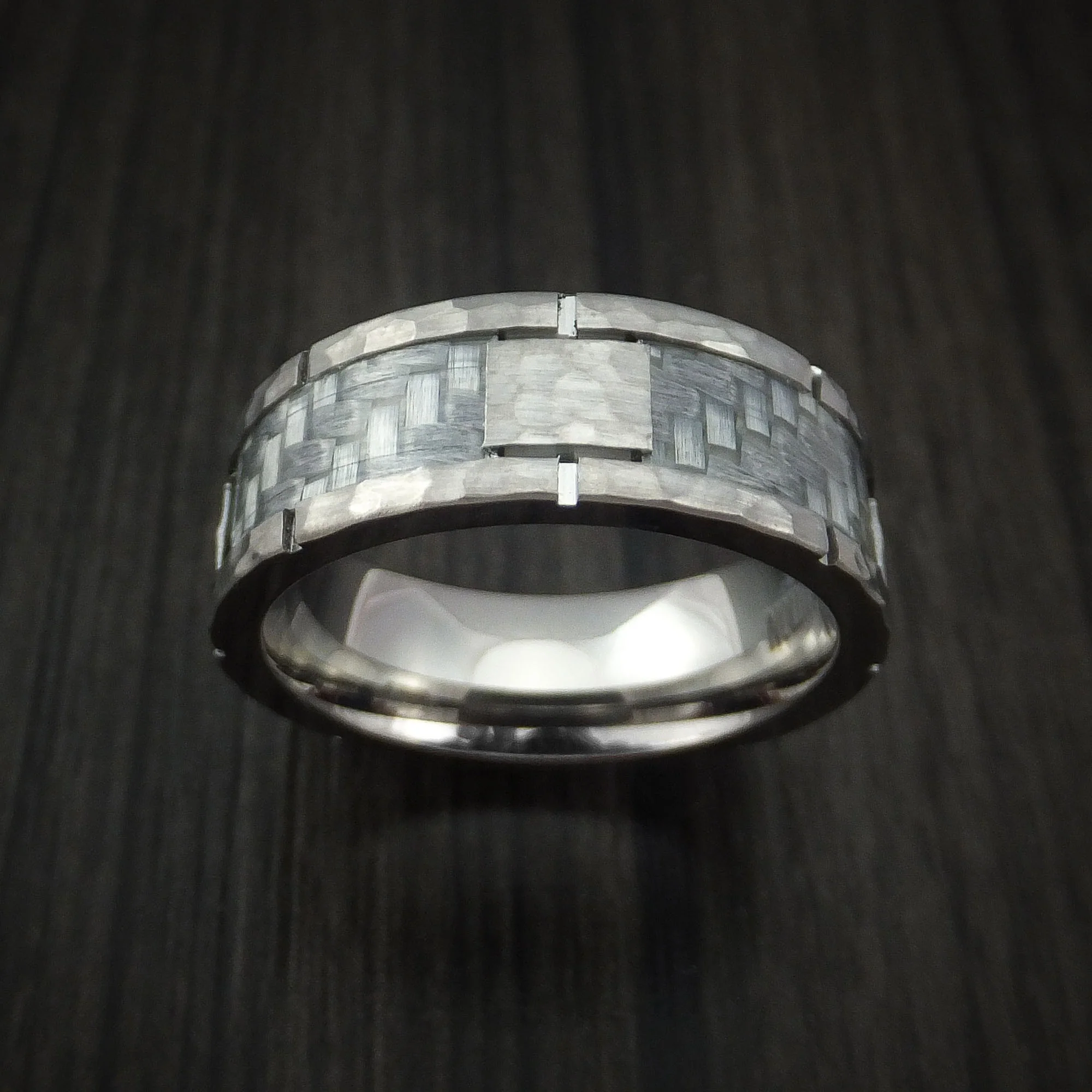 Cobalt Chrome Hammered Men's Ring with Silver Carbon Fiber Inlay Custom Inlay - Image 2