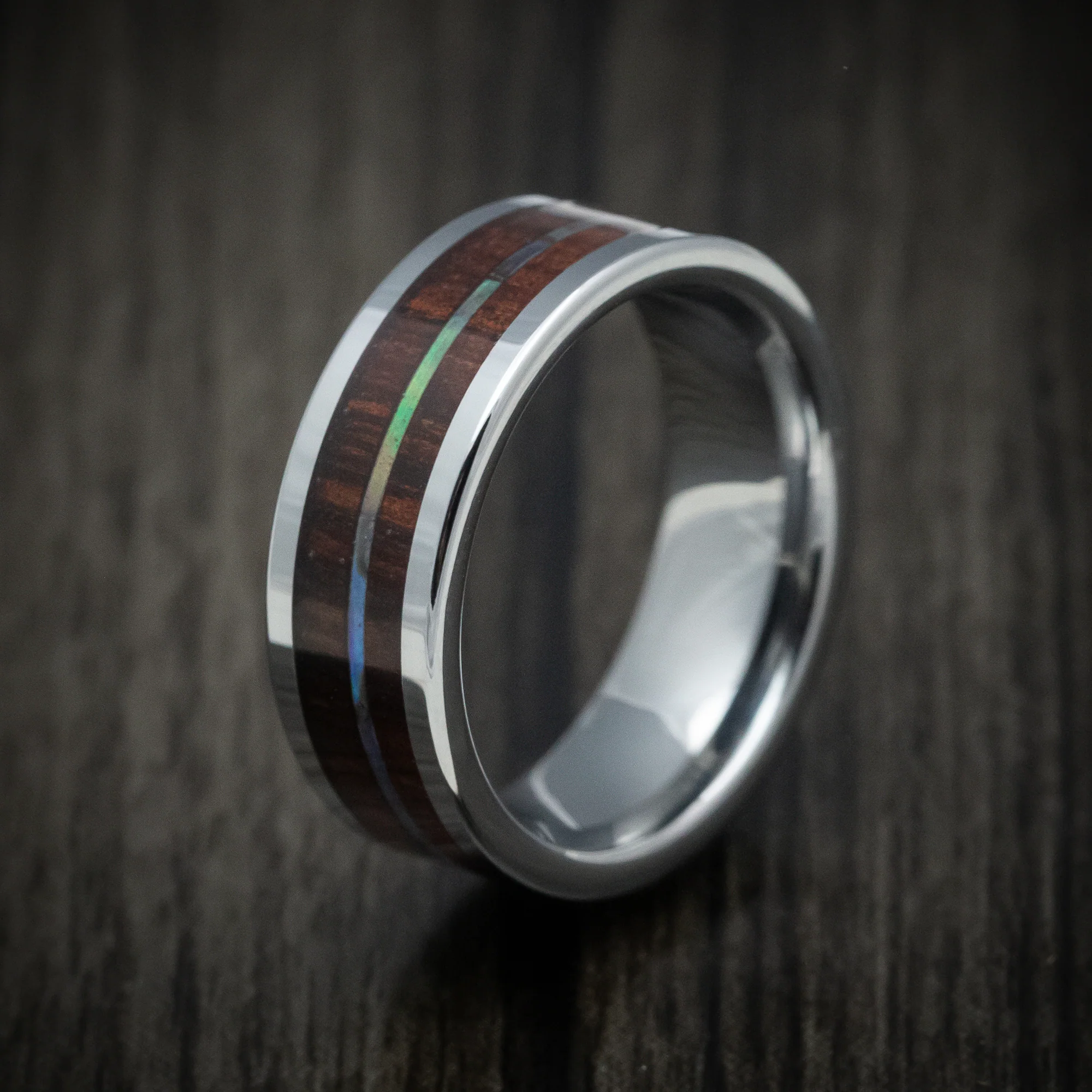 Cobalt Chrome Men's Ring with Koa Wood and Abalone Inlays Custom Made Band - Image 4