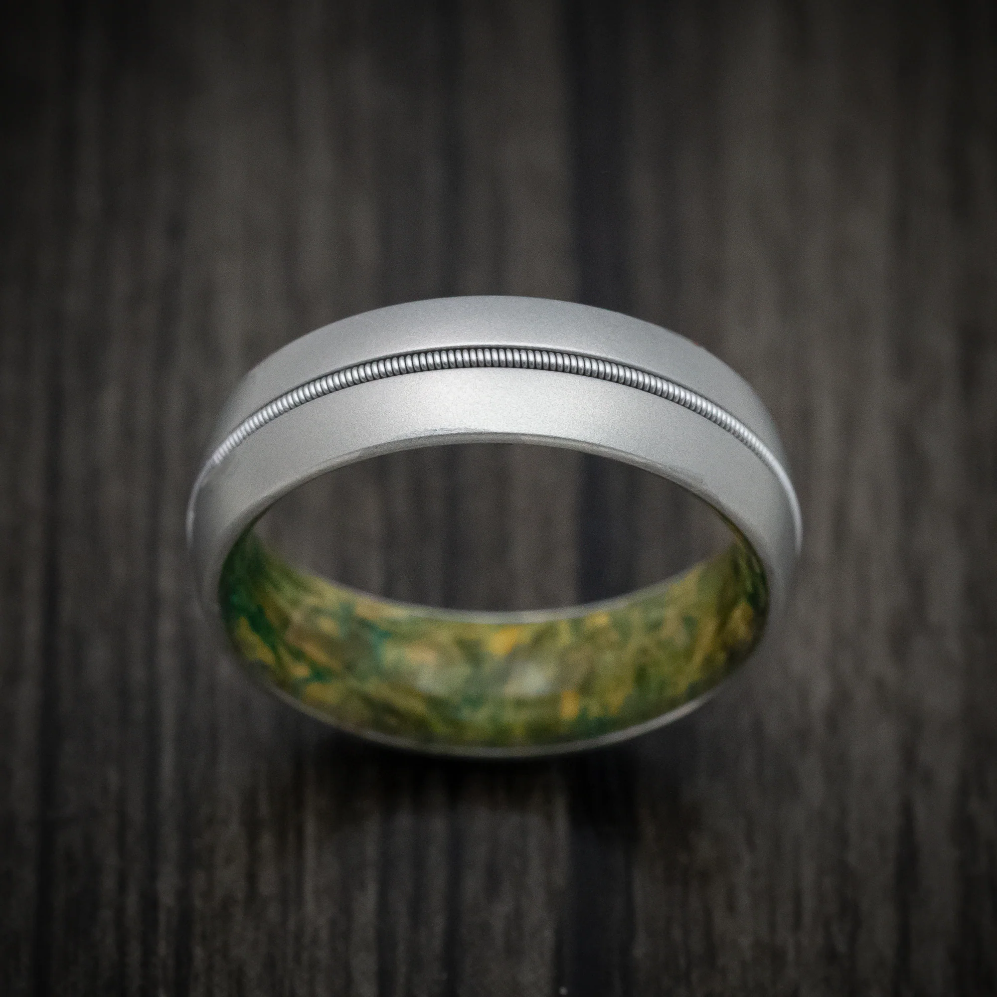 Cobalt Chrome Men's Ring with Guitar String Inlay and Green Burl Wood Sleeve - Image 2