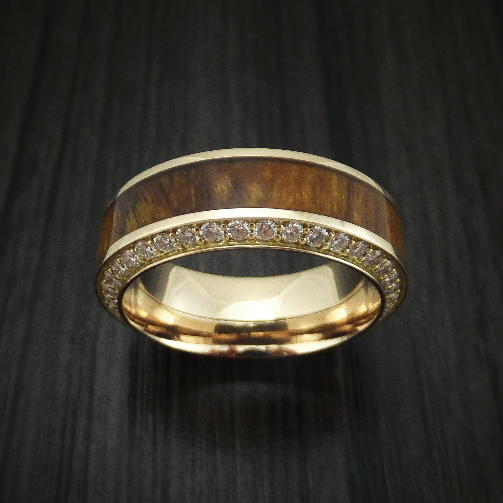 Yellow Gold Men's Ring With Wood Inlay And Eternity Set Diamonds Custom Made Band - Image 2