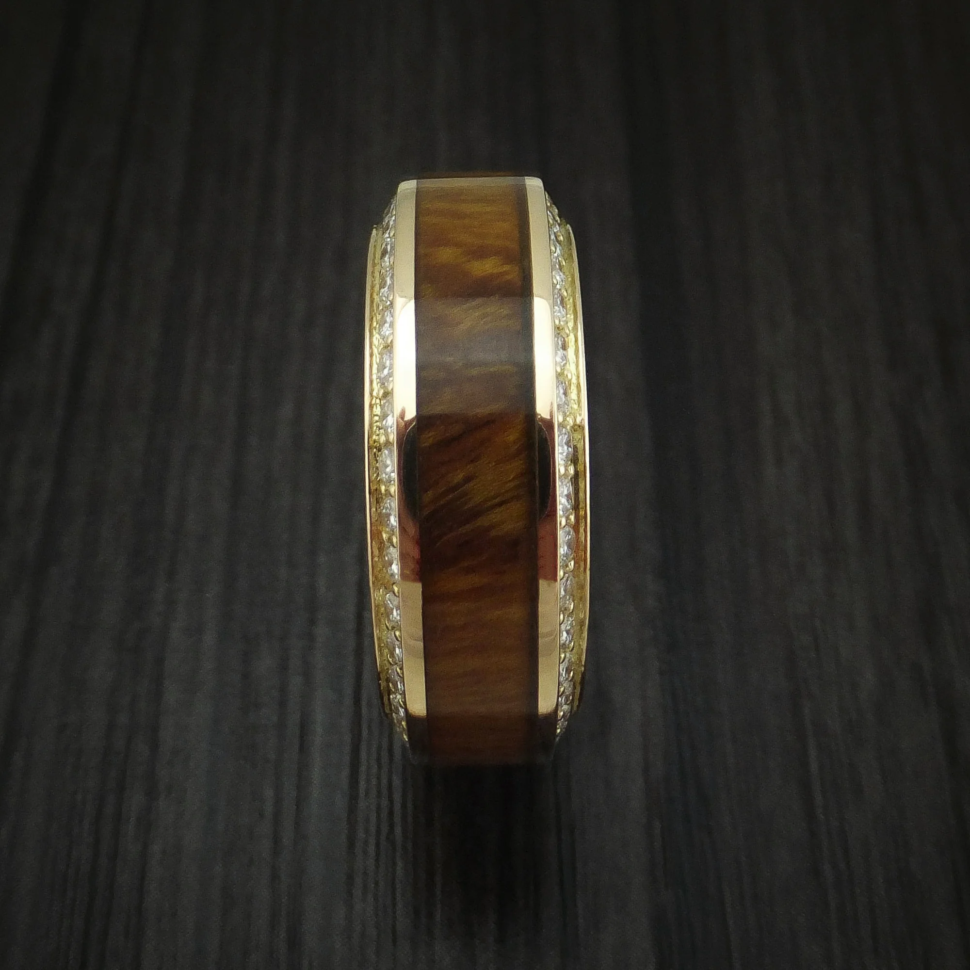 Yellow Gold Men's Ring With Wood Inlay And Eternity Set Diamonds Custom Made Band - Image 4