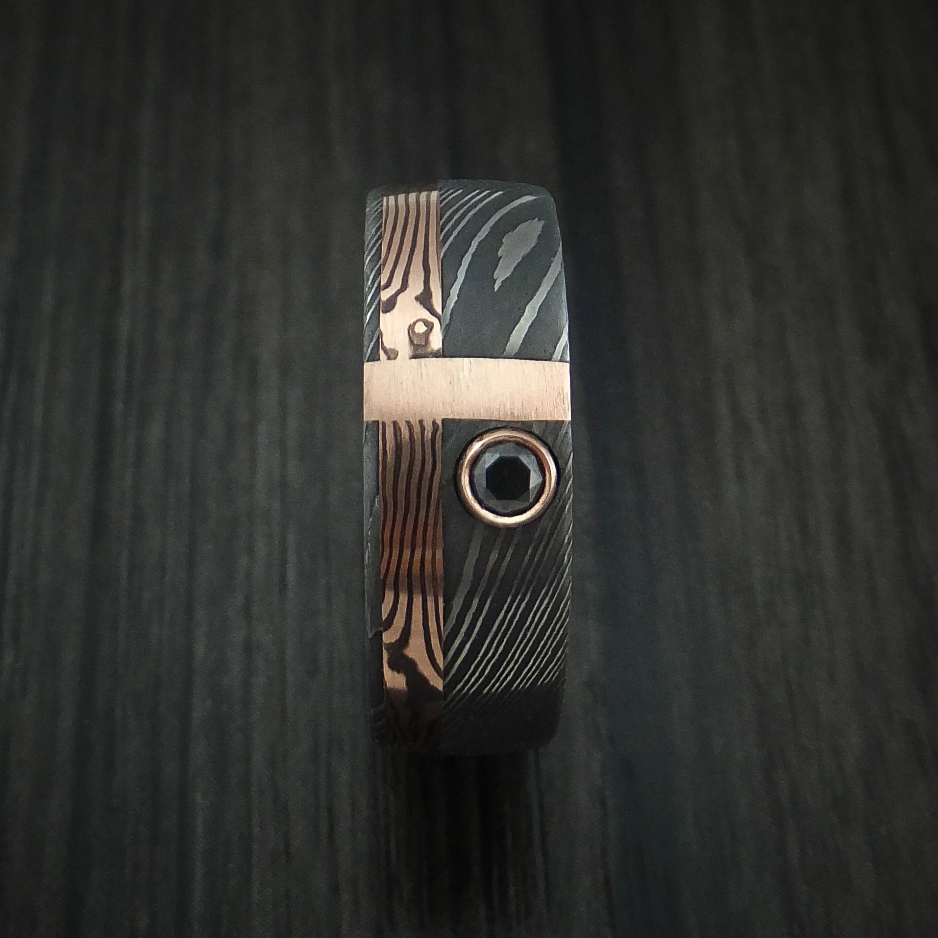 Damascus and Rose Gold Mokume Gane Shakudo and 14K Rose Gold Inlay with Black Diamond Custom Made Men's Band - Image 3