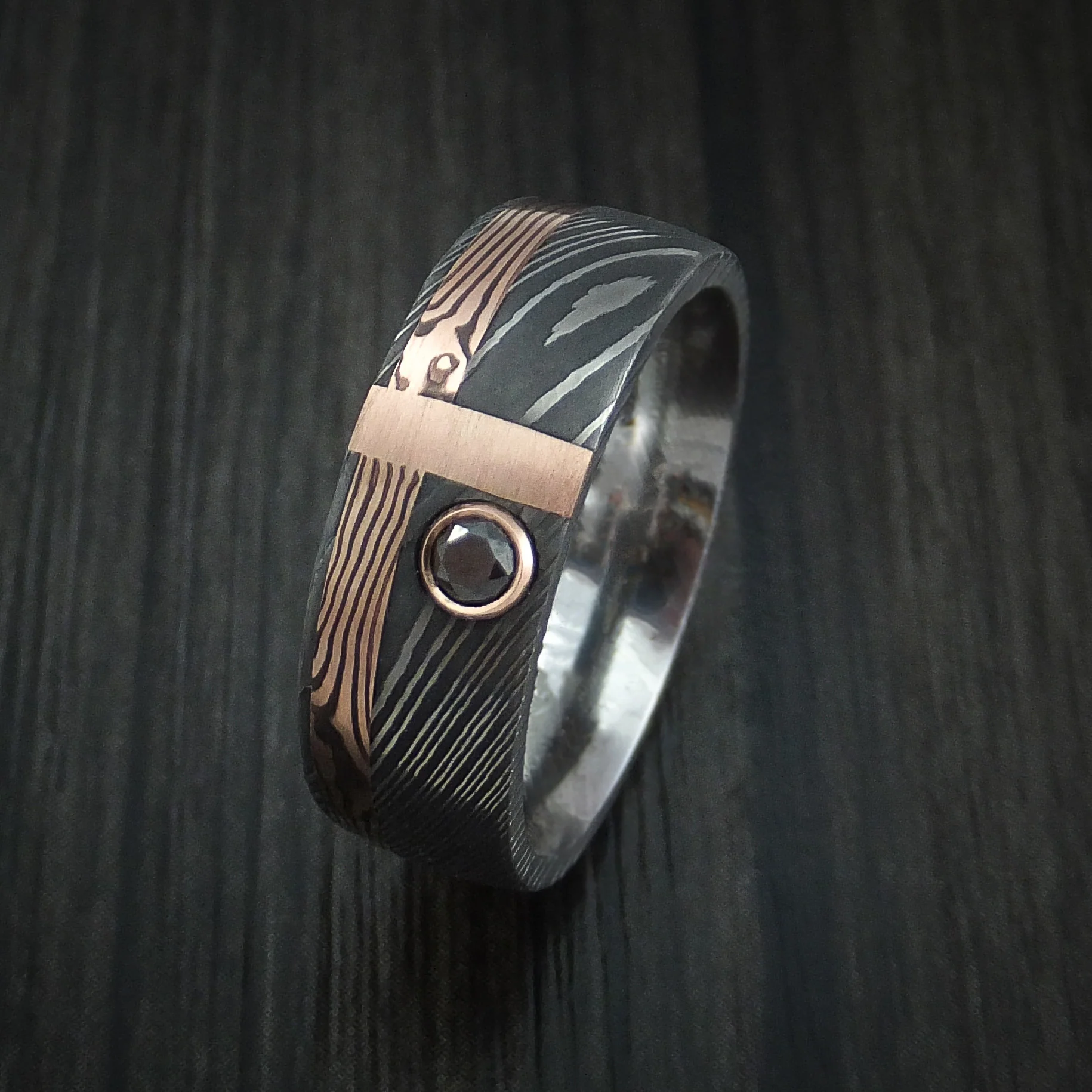 Damascus and Rose Gold Mokume Gane Shakudo and 14K Rose Gold Inlay with Black Diamond Custom Made Men's Band - Image 4