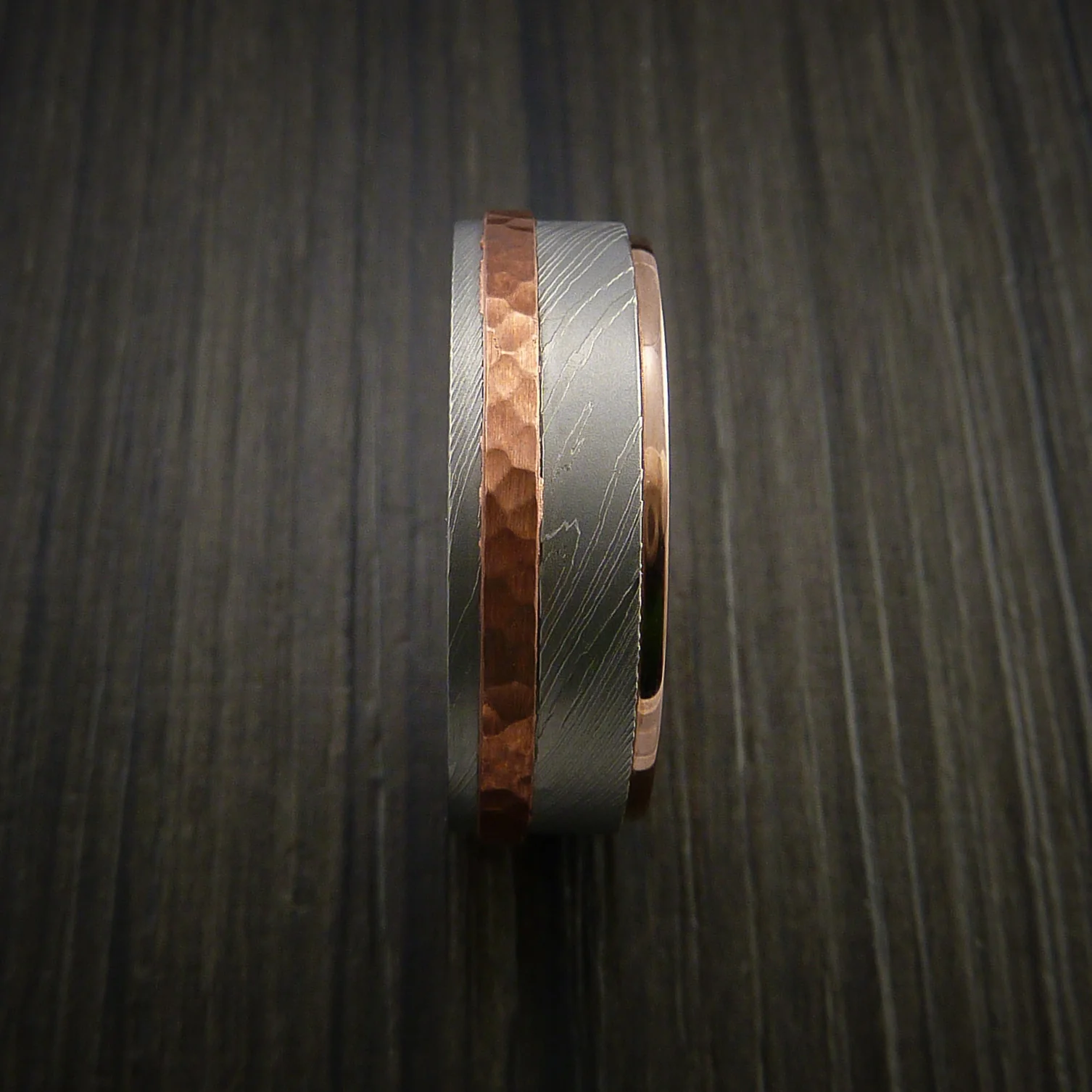 Damascus Steel 14K Gold Men's Ring with Hammered Copper Inlay - Image 3