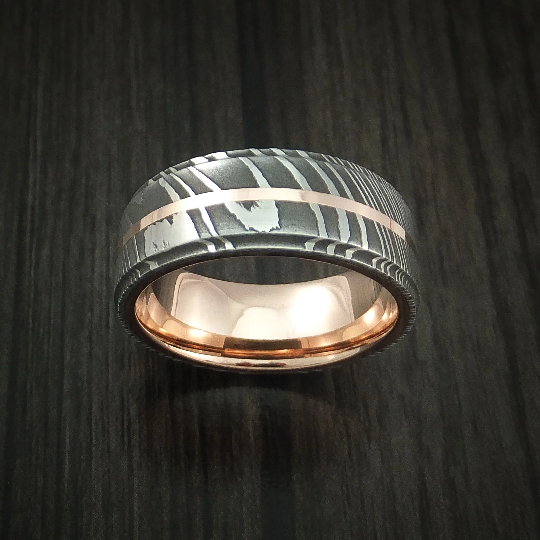Damascus Steel 14K Rose Gold Men's Ring with Gold Sleeve Wedding Band Custom Made - Image 2