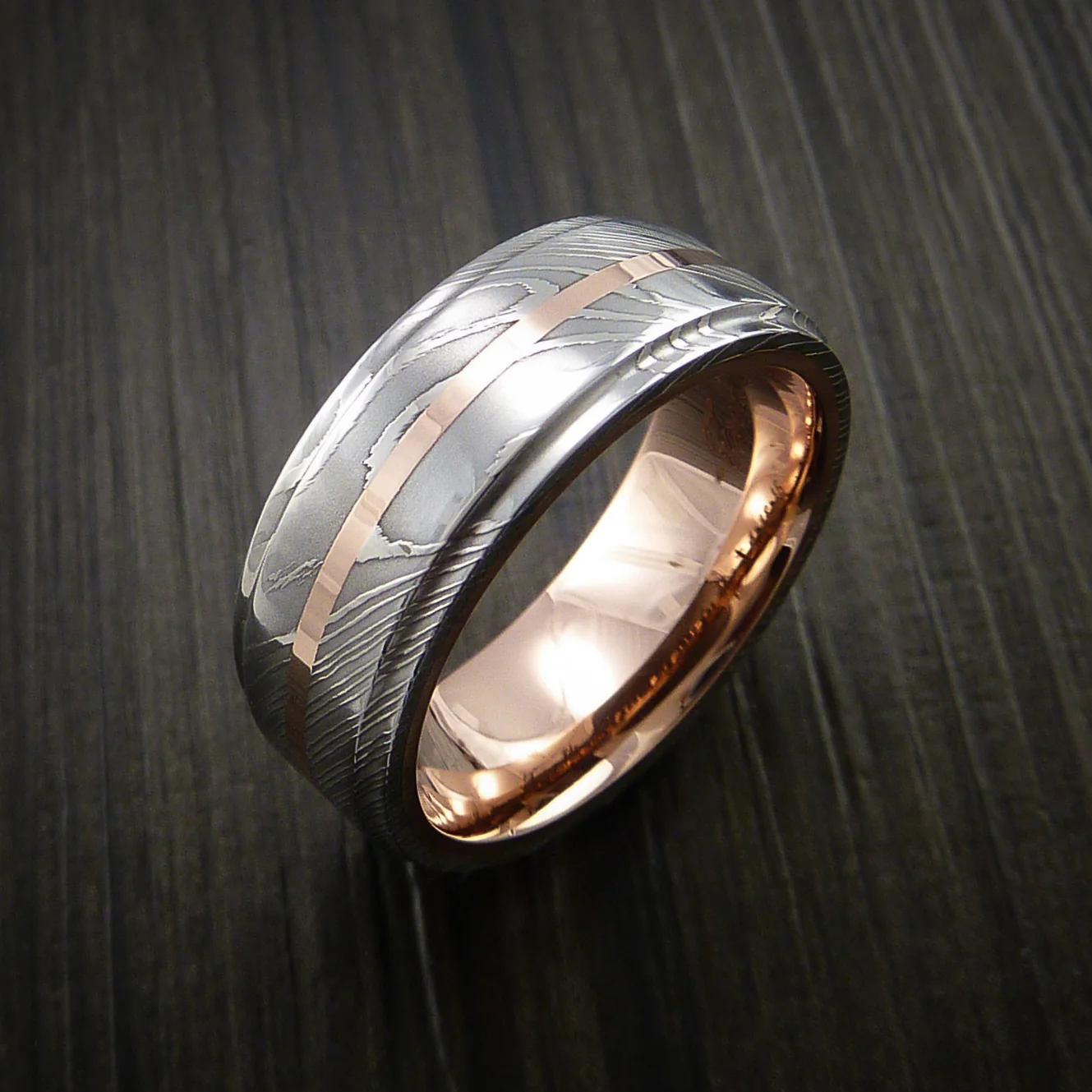 Damascus Steel 14K Rose Gold Men's Ring with Gold Sleeve Wedding Band Custom Made - Image 4