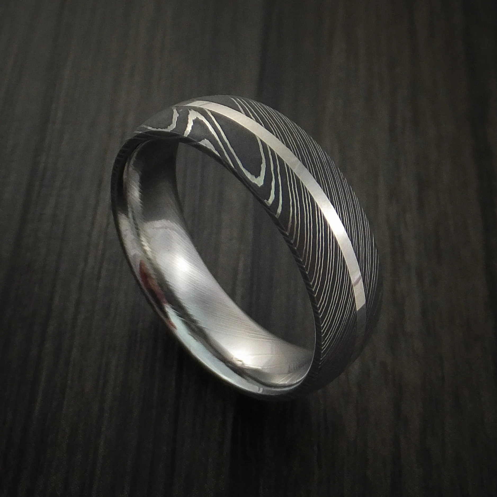 Damascus Steel 14K White Gold Men's Ring Wedding Band Custom Made