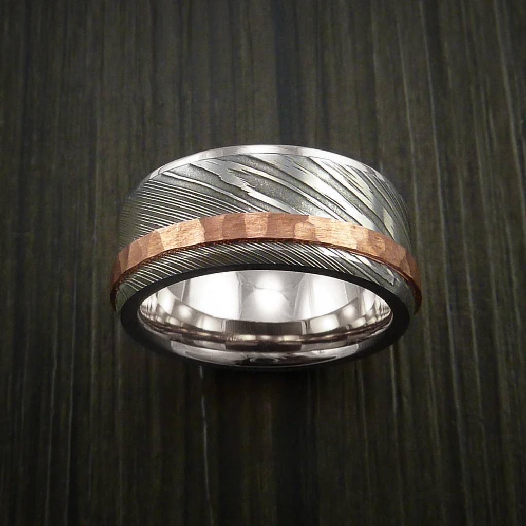Damascus Steel 14K White Gold Men's Ring Wedding Band with Hammered Copper Inlay - Image 3