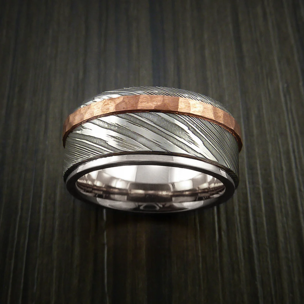 Damascus Steel 14K White Gold Men's Ring Wedding Band with Hammered Copper Inlay - Image 4