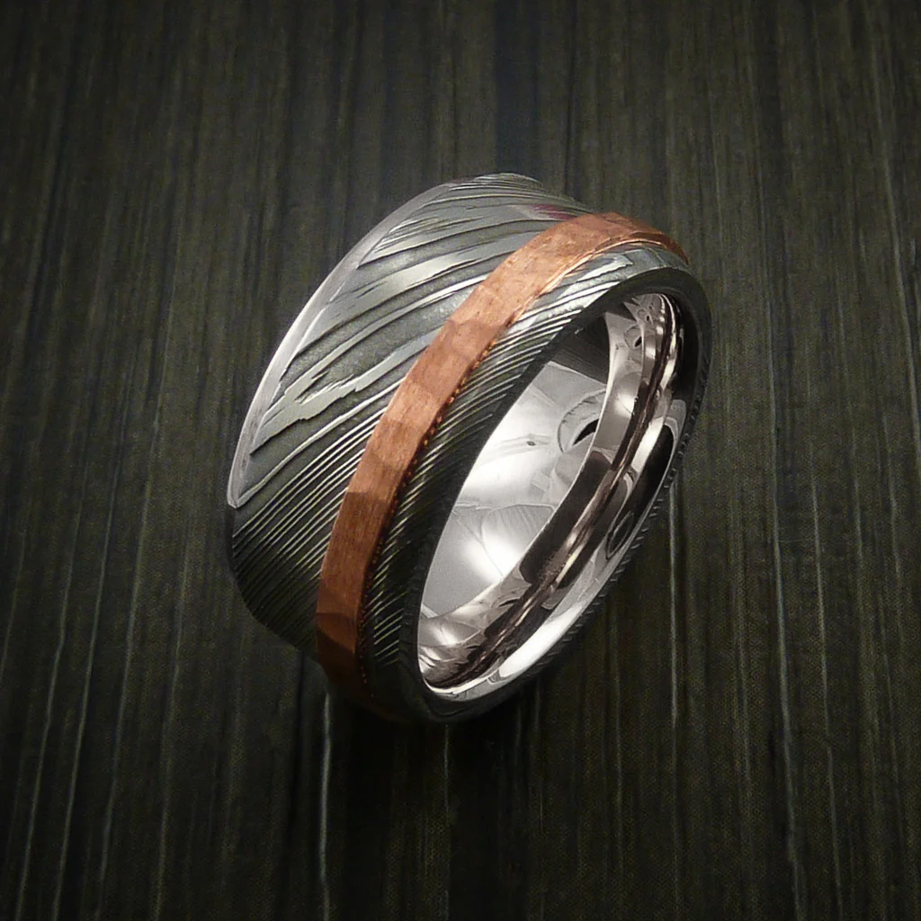 Damascus Steel 14K White Gold Men's Ring Wedding Band with Hammered Copper Inlay - Image 5