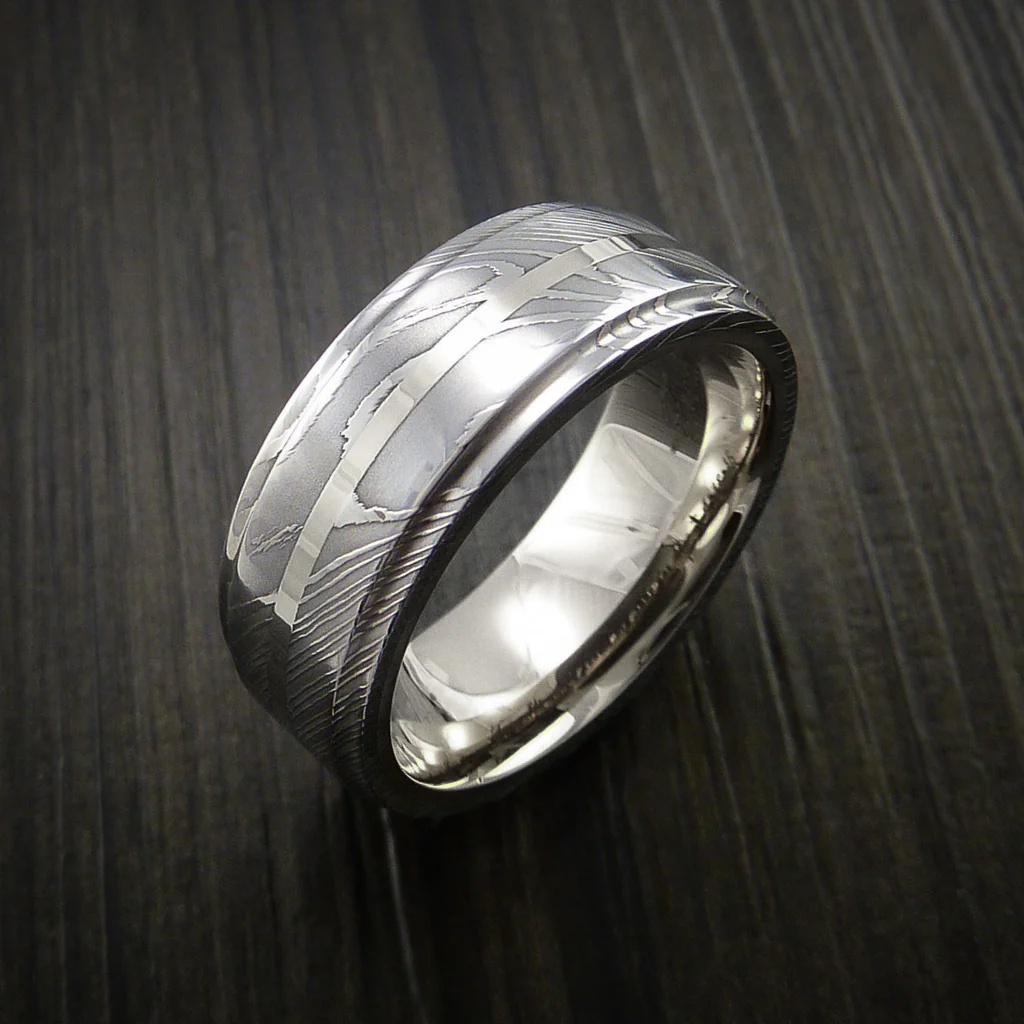 Damascus Steel 14K White Gold Men's Ring with Gold Sleeve Wedding Band Custom Made - Image 4