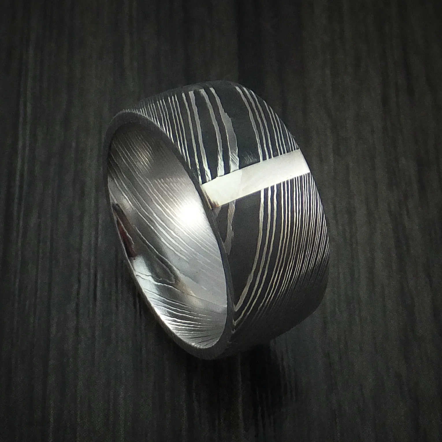 Damascus Steel 14K White Gold Vertical Inlay Men's Ring Wedding Band Custom Made