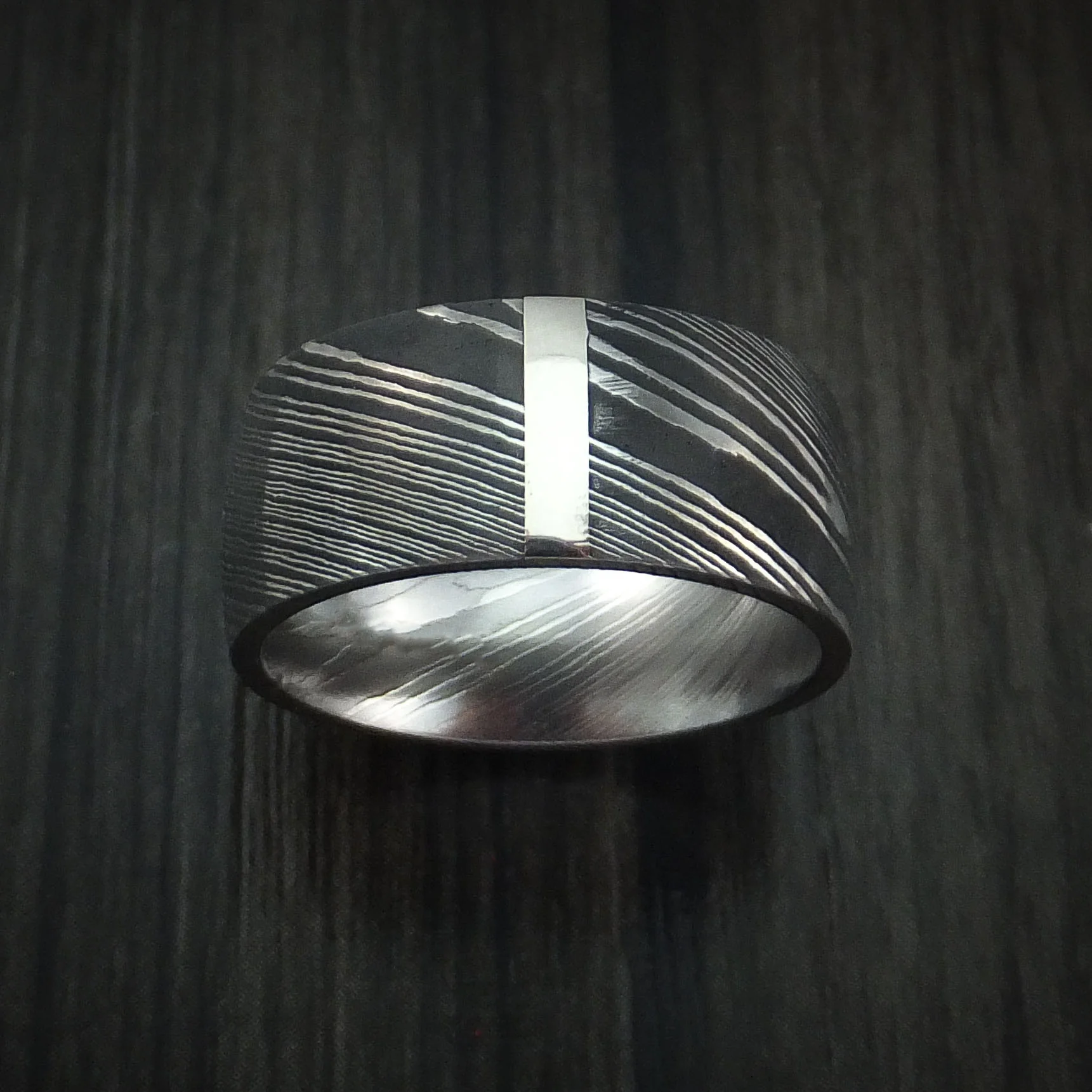 Damascus Steel 14K White Gold Vertical Inlay Men's Ring Wedding Band Custom Made - Image 2