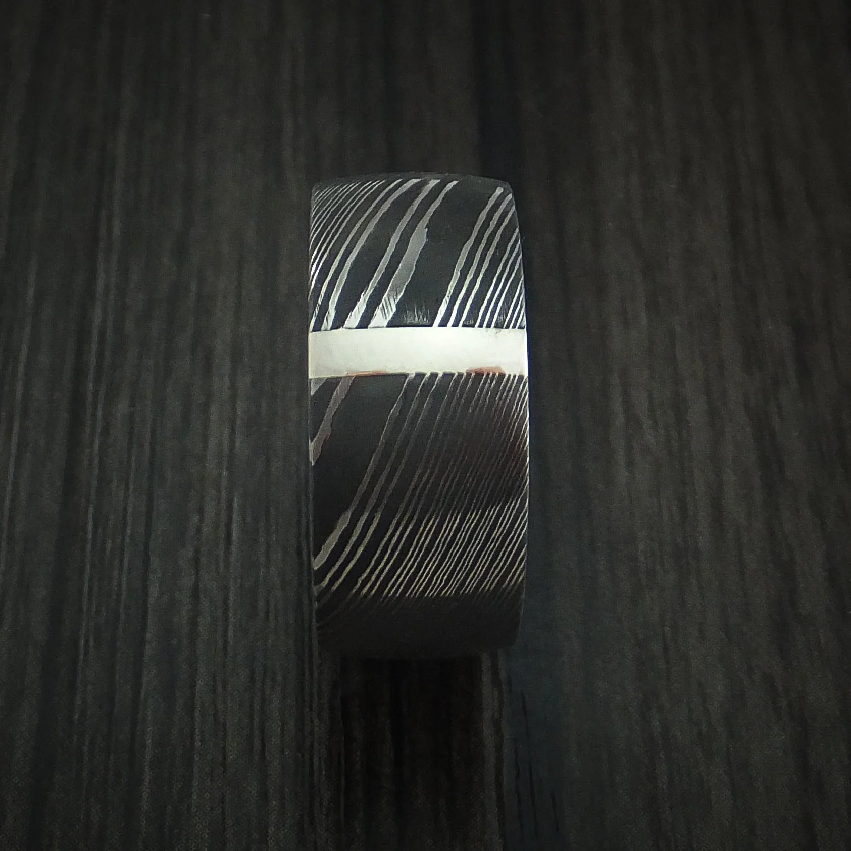 Damascus Steel 14K White Gold Vertical Inlay Men's Ring Wedding Band Custom Made - Image 3