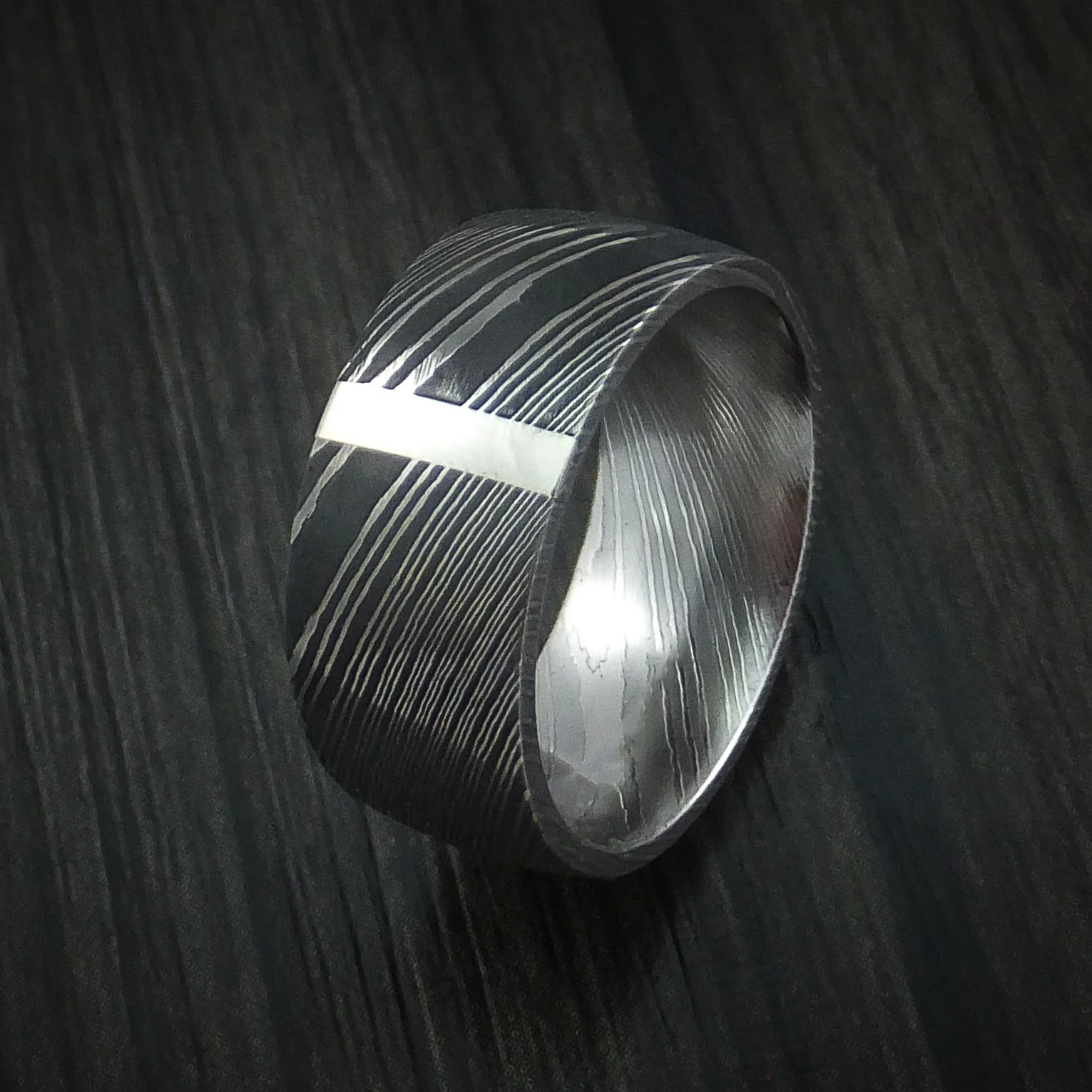Damascus Steel 14K White Gold Vertical Inlay Men's Ring Wedding Band Custom Made - Image 4