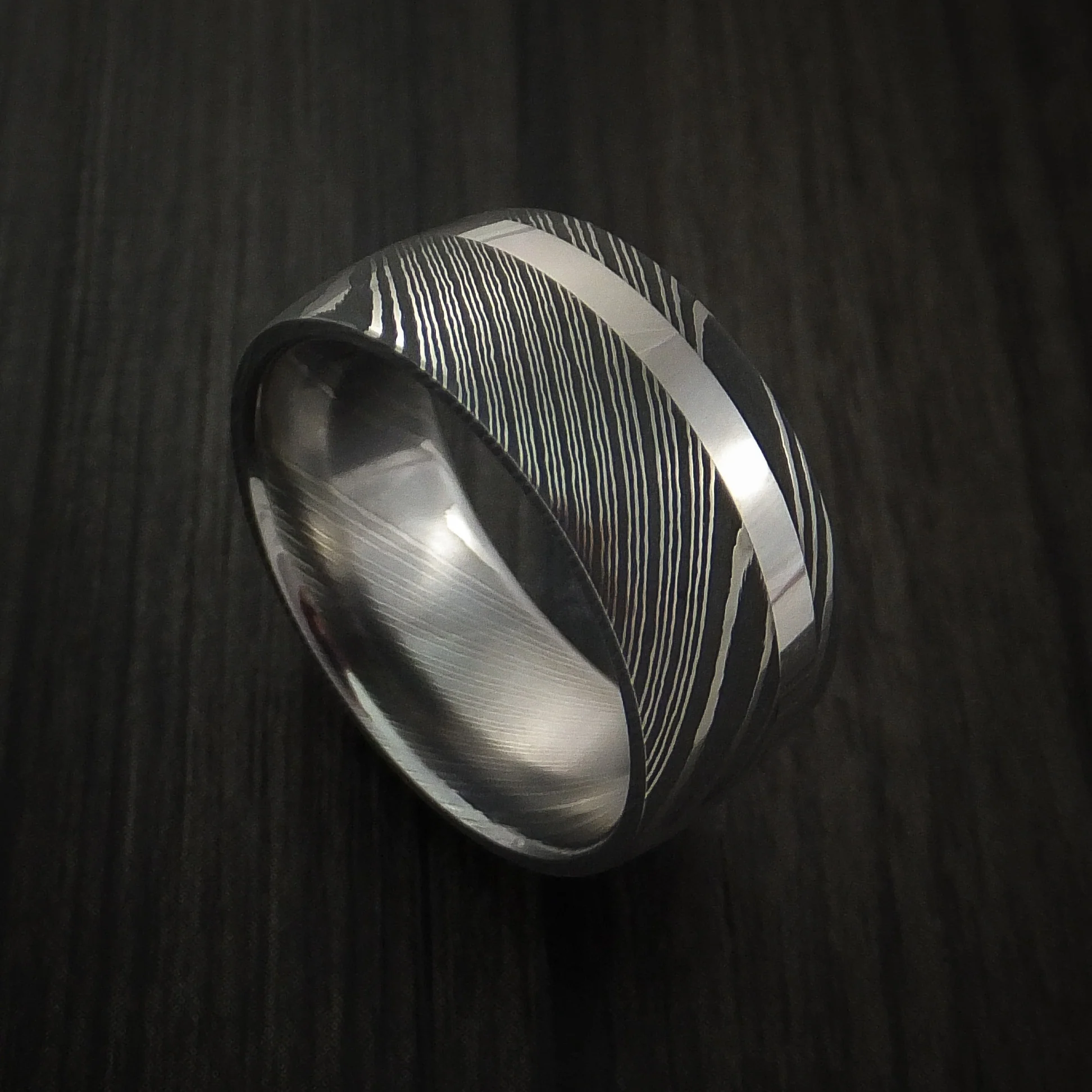 Damascus Steel 14K White Gold Wide Men's Ring Wedding Band Custom Made Genuine Craftsmanship