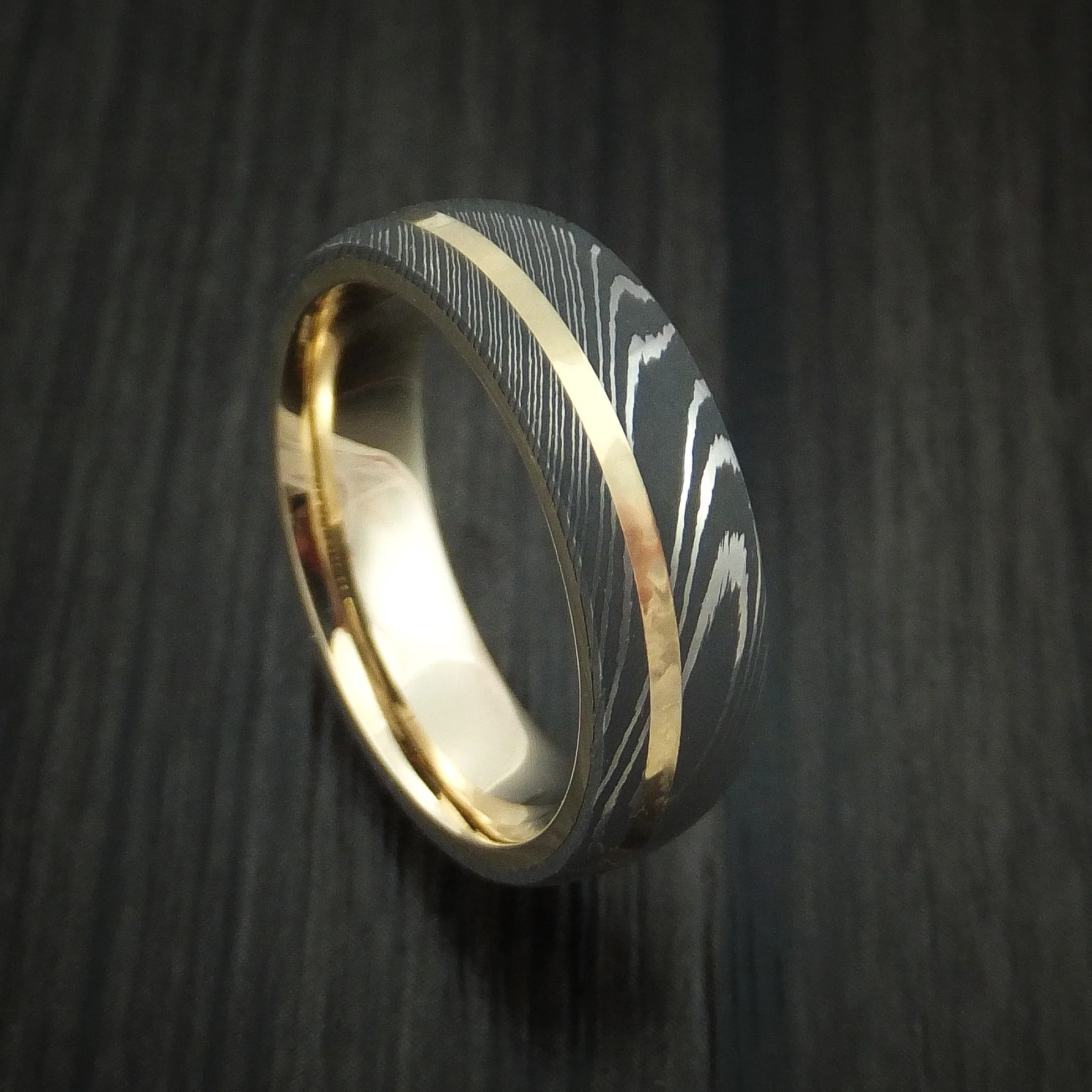 Damascus Steel 14K Yellow Gold Men's Ring Wedding Band Custom Made