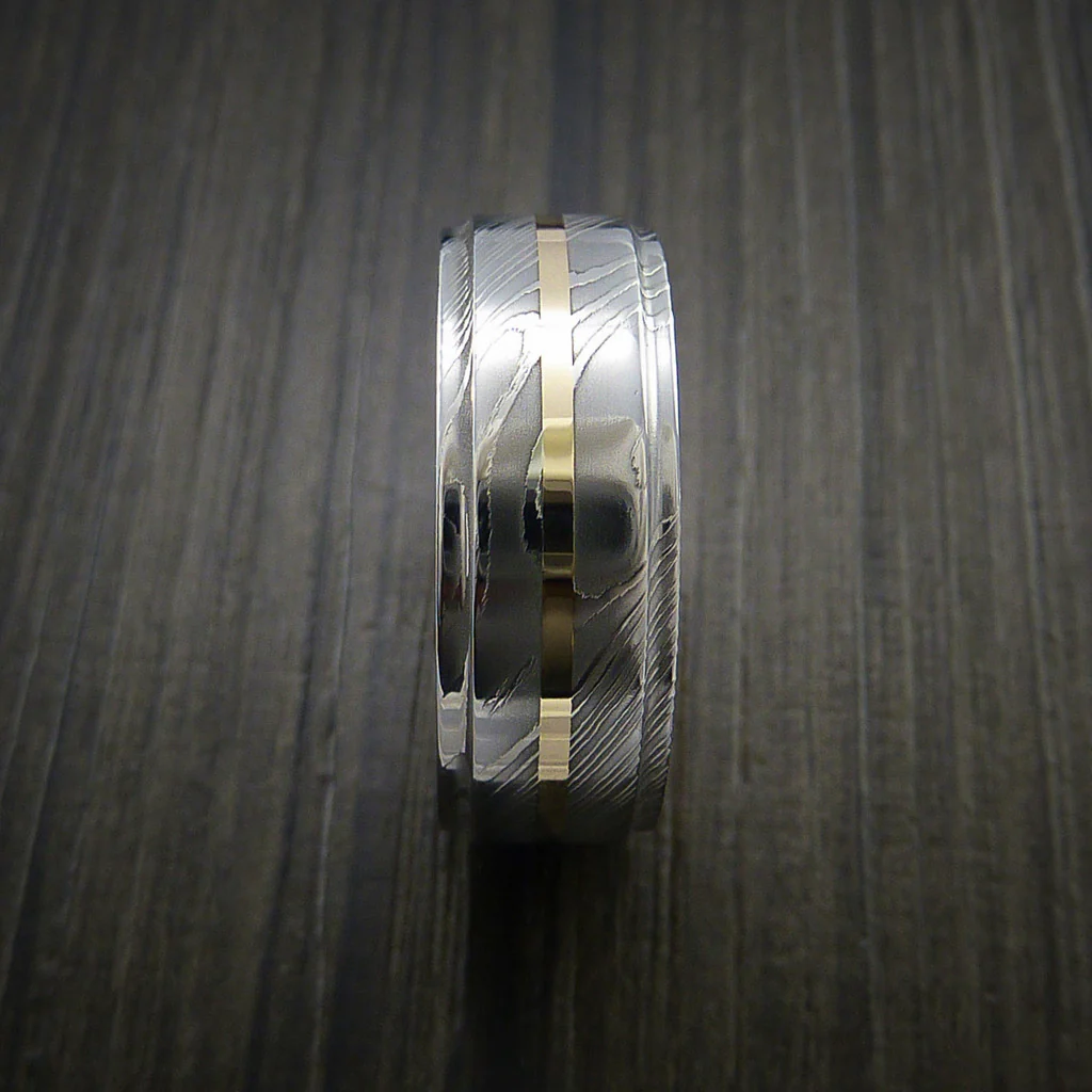 Damascus Steel 14K Yellow Gold Men's Ring with Gold Sleeve Wedding Band Custom Made - Image 4