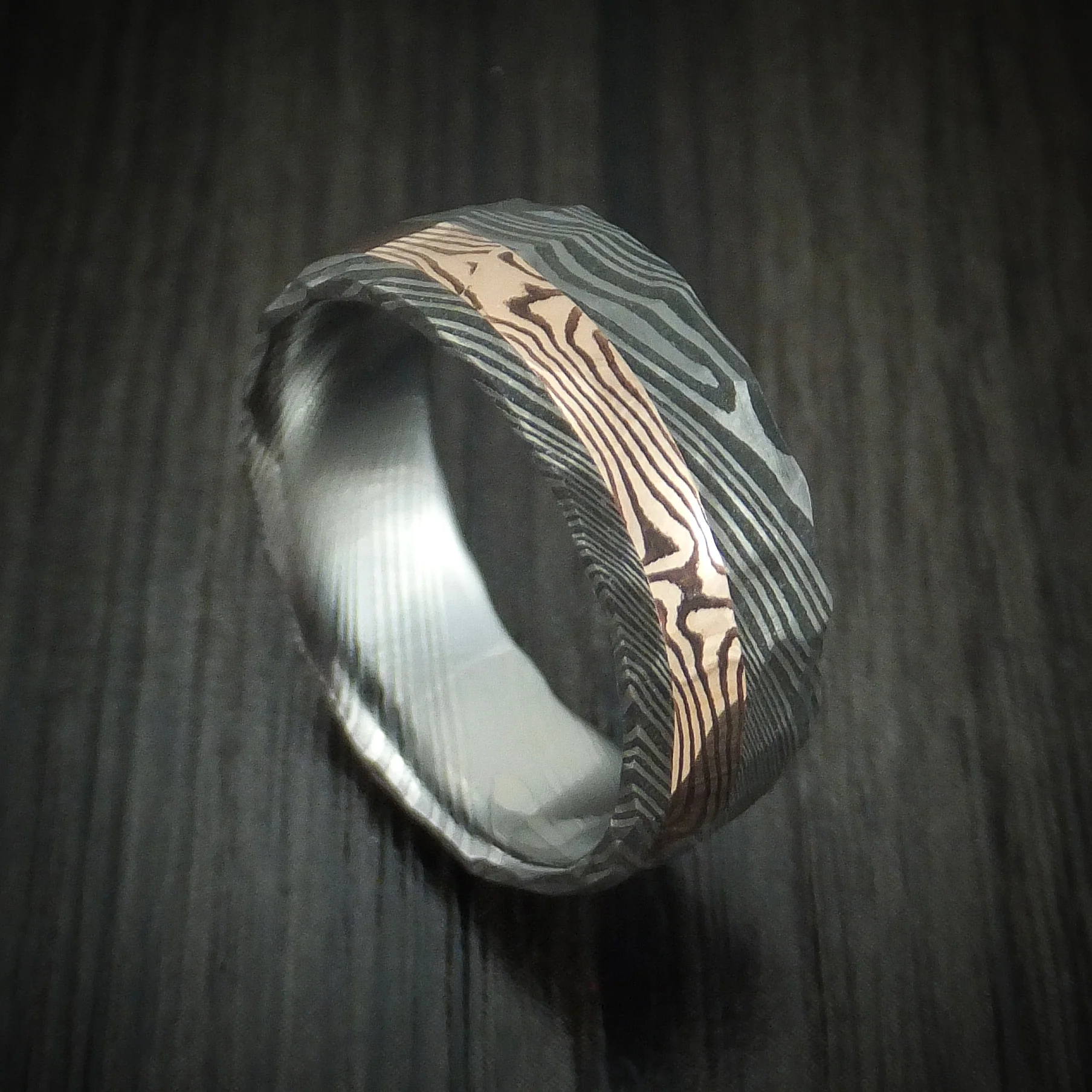 Damascus Steel And 14K Rose Gold Mokume Shakudo Rock Hammered Men's Band Custom Made